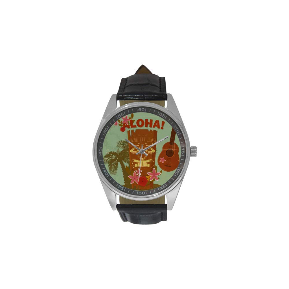 Vintage Hawaiian Beach Bar Men's Black Leather Strap Watch - Waterproof Casual Wristwatch for Outdoor, Surfing & Summer Style