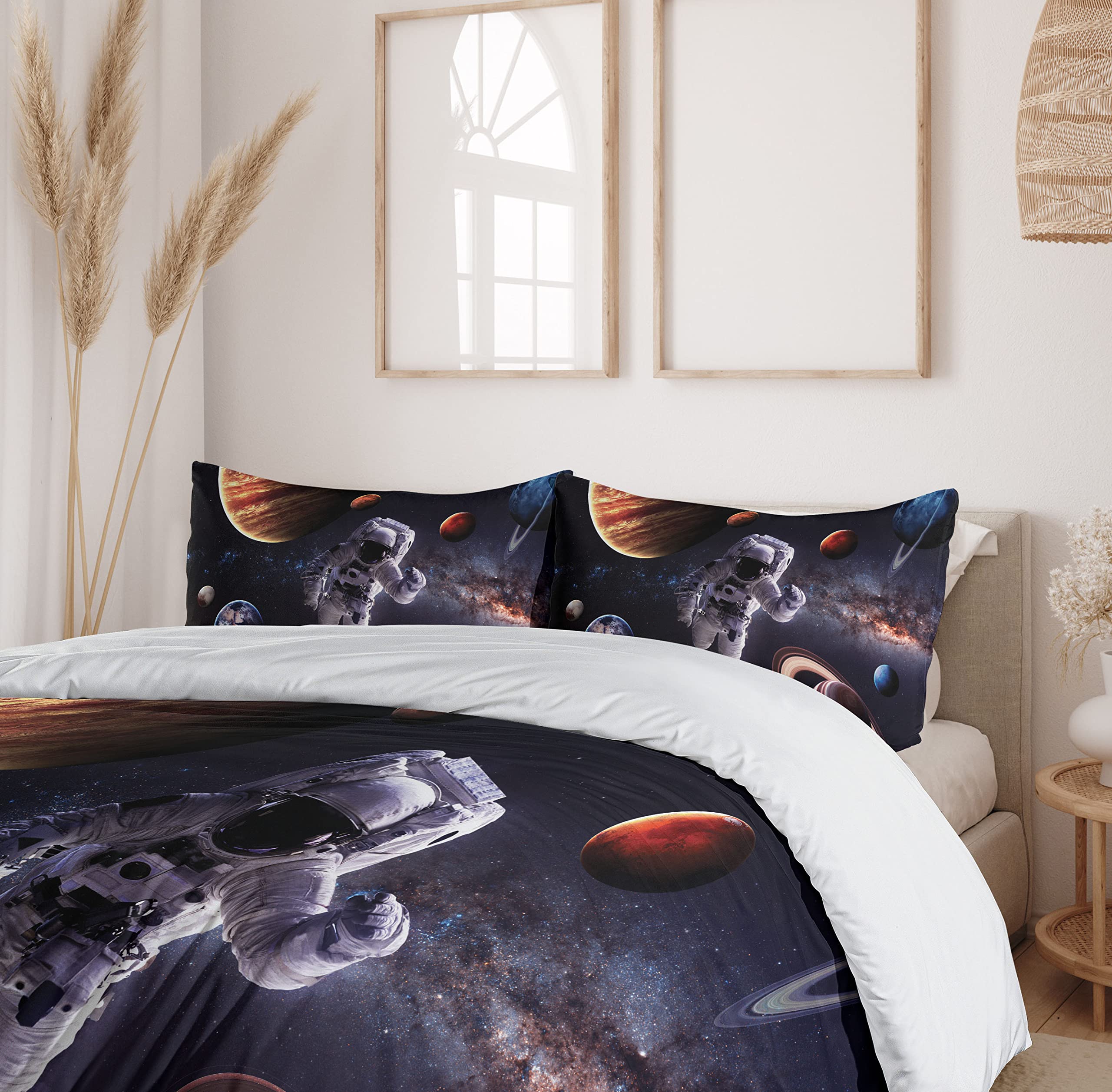 Ambesonne Outer Space Duvet Cover Set - Astronaut & Planets Design (Mars, Neptune, Jupiter) - 3 Piece Bedding Set with 2 Pillow Shams - California King Size - Dark Blue - Perfect for Sci-Fi Themed Bedrooms & Space Enthusiasts
