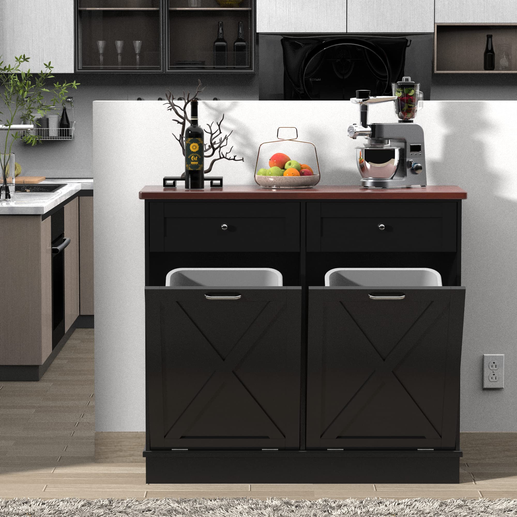 Farmhouse Style Double Tilt Out Trash Can Cabinet with Solid Wood Tabletop - Odor Blocking, Pet Proof Kitchen Organizer - Perfect for Laundry Room, Pantry & Small Space Storage