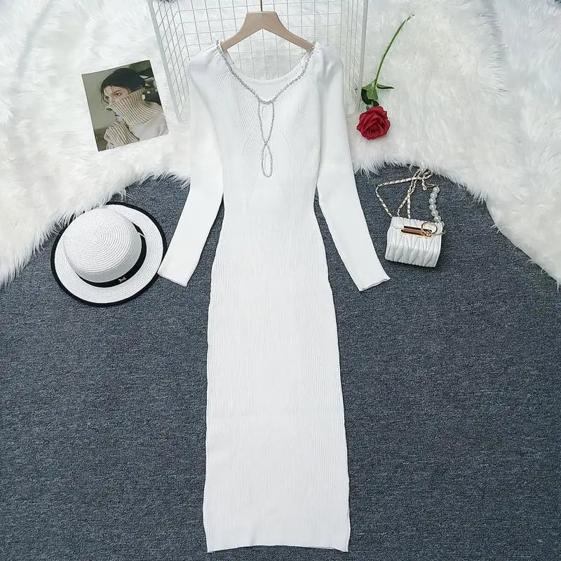2024 French Square Neck Long Sleeve Knit Dress for Women - Elegant Solid Diamond Office Dress for Autumn Winter | Perfect for Work, Parties & Formal Occasions