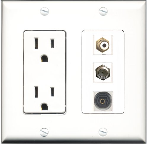 RiteAV 15 Amp Power Outlet with 1 Port RCA, Coax & Toslink - Decorative White Wall Plate for Home Theater & Audio Setup