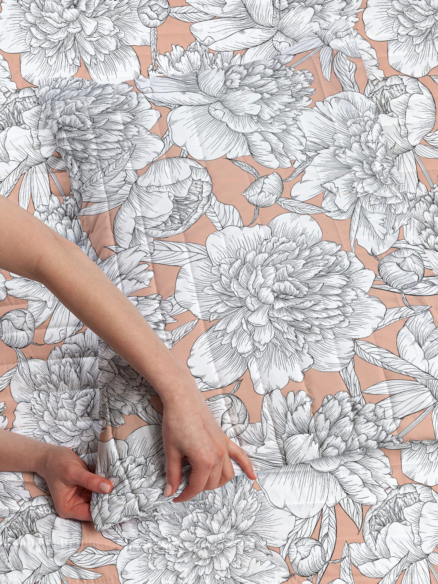 Ambesonne Floral Reversible Bedspread Set - Hand Drawn Rose, Chamomile & Peonies Design - Microfiber Twin Size Bedding with Pillow Shams - Pale Peach - Perfect for Spring Bedroom Decor & Boho Home Styling