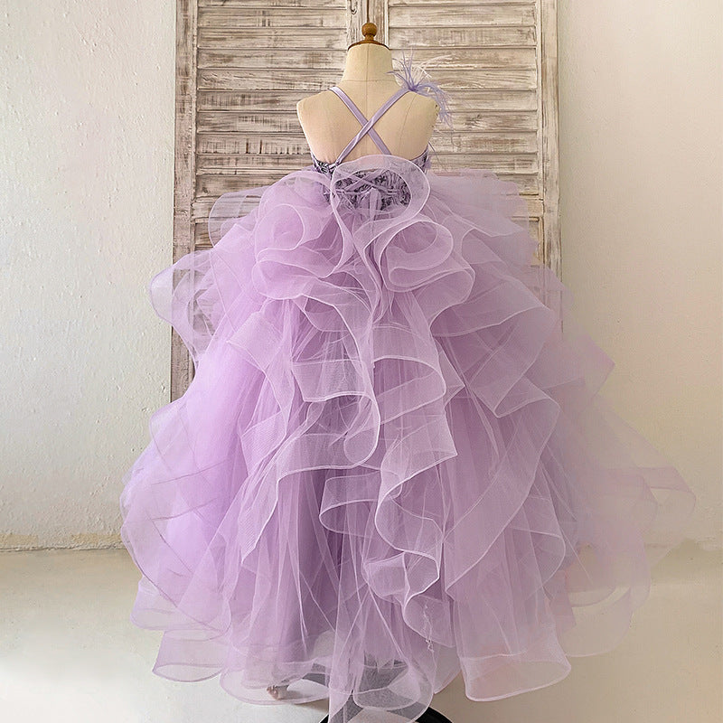Elegant Purple Lace Princess Dress for Baby Girls - Toddler Performance Puff Dress with Mesh Strap | Perfect for Birthday Parties, Photo Shoots & Special Occasions