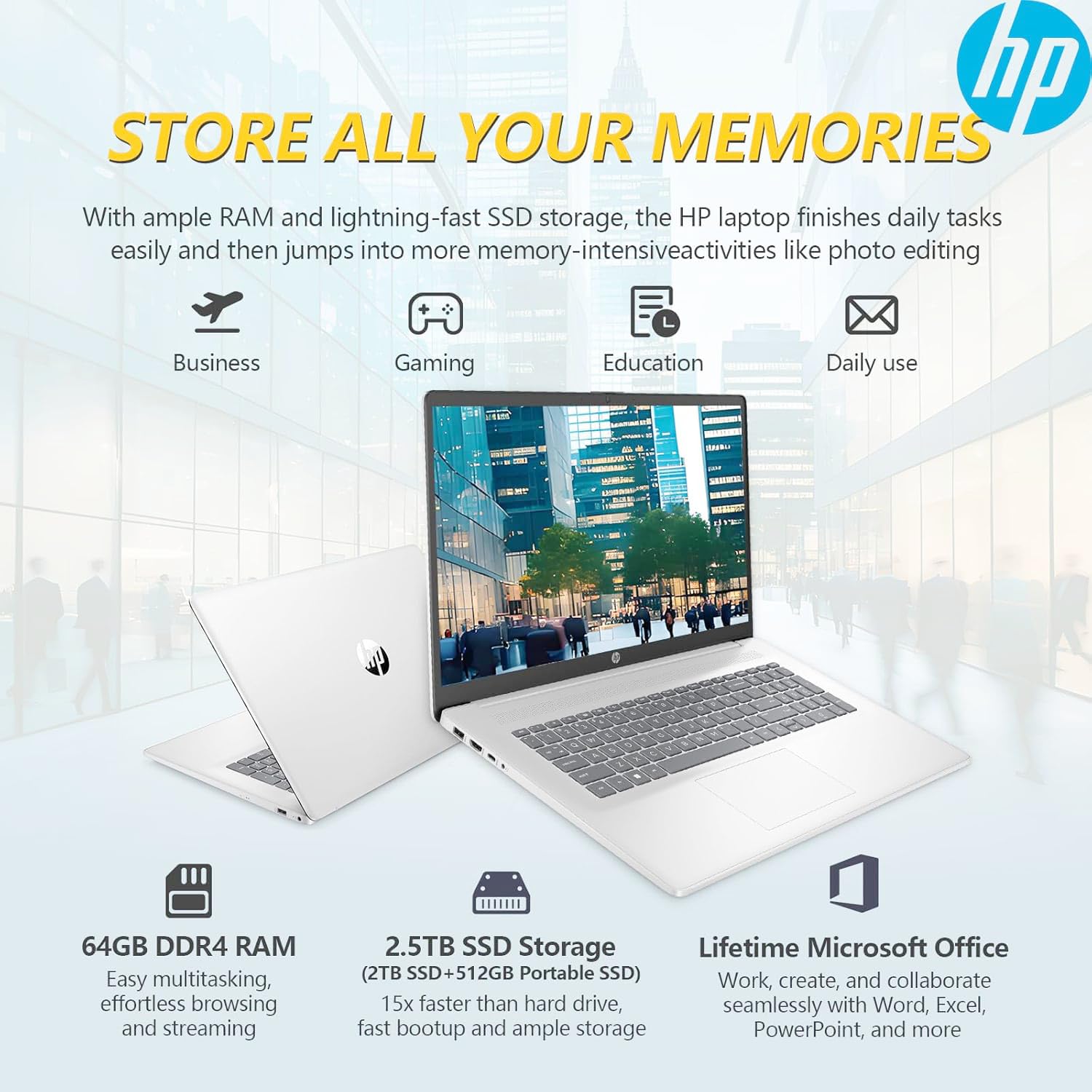 2025 New 17 Inch Laptop Computer - 32GB RAM, 1.5TB SSD (1TB PCIe + 512GB HP P500 Portable SSD), AMD Ryzen 5 7430U 6-Core Processor, Windows 11 Home with Microsoft 365 - Perfect for Gaming, Graphic Design & Remote Work