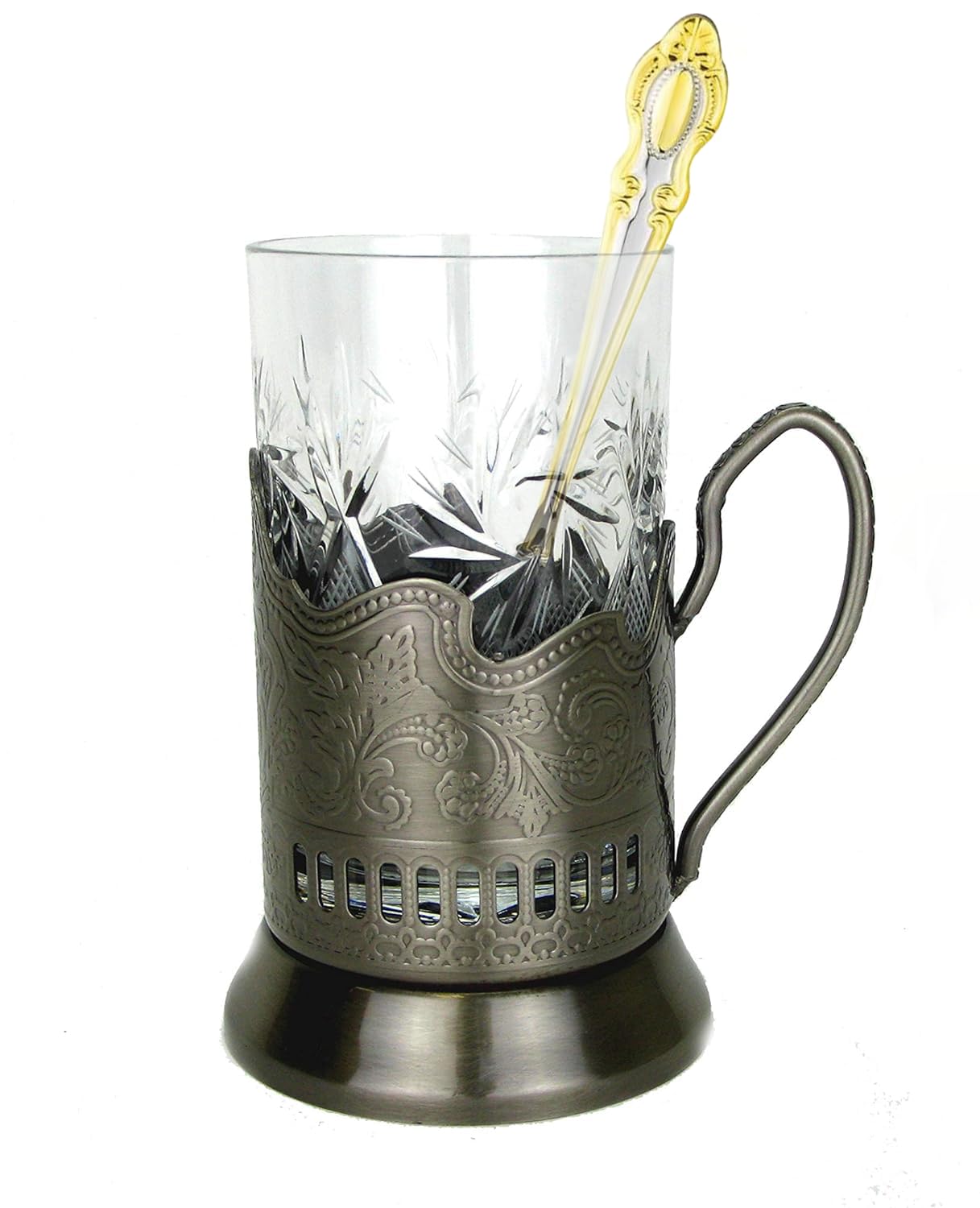 Premium 9-Piece Russian Tea Set - Crystal Tempered Glass Cups with Metal Holders & Teaspoons - Vintage Style Tea Drinking Glasses - Perfect for Afternoon Tea, Russian Tea Ceremonies & Gift Giving