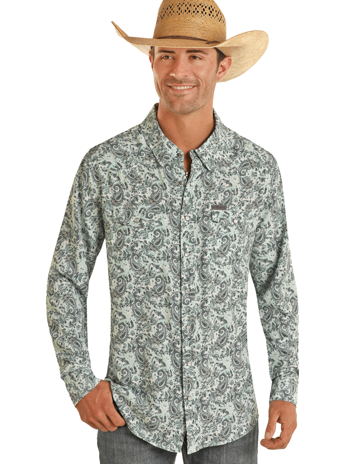 Panhandle TMN2S03503 Men's Long Sleeve Performance Shirt - Stylish Paisley Print, Breathable & Moisture-Wicking, Turquoise Blue - Perfect for Outdoor Activities, Casual Wear & Work