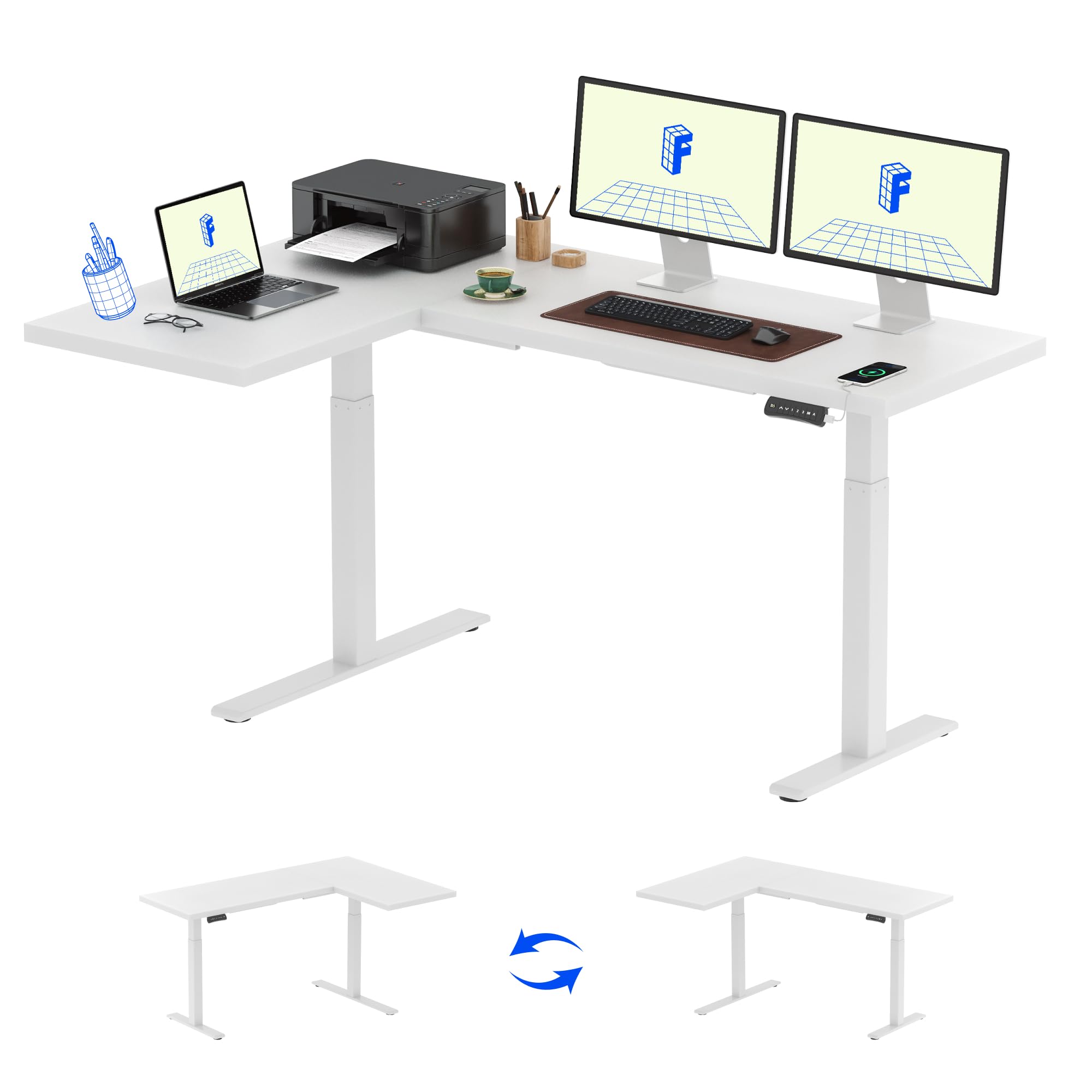 FLEXISPOT L-Shaped Electric Standing Desk - Dual Motor Height Adjustable Corner Computer Desk with Splice Board, 71x48 Inches, White - Perfect for Home Office & Gaming Setup