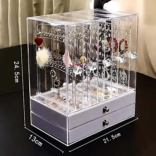 Clear 5-Tier Vertical Drawer Earring Display Stand Organizer with 2 Storage Drawers - Portable Velvet Jewelry Tray for Ring & Earring Storage - Perfect for Boutique, Jewelry Store & Home Organization