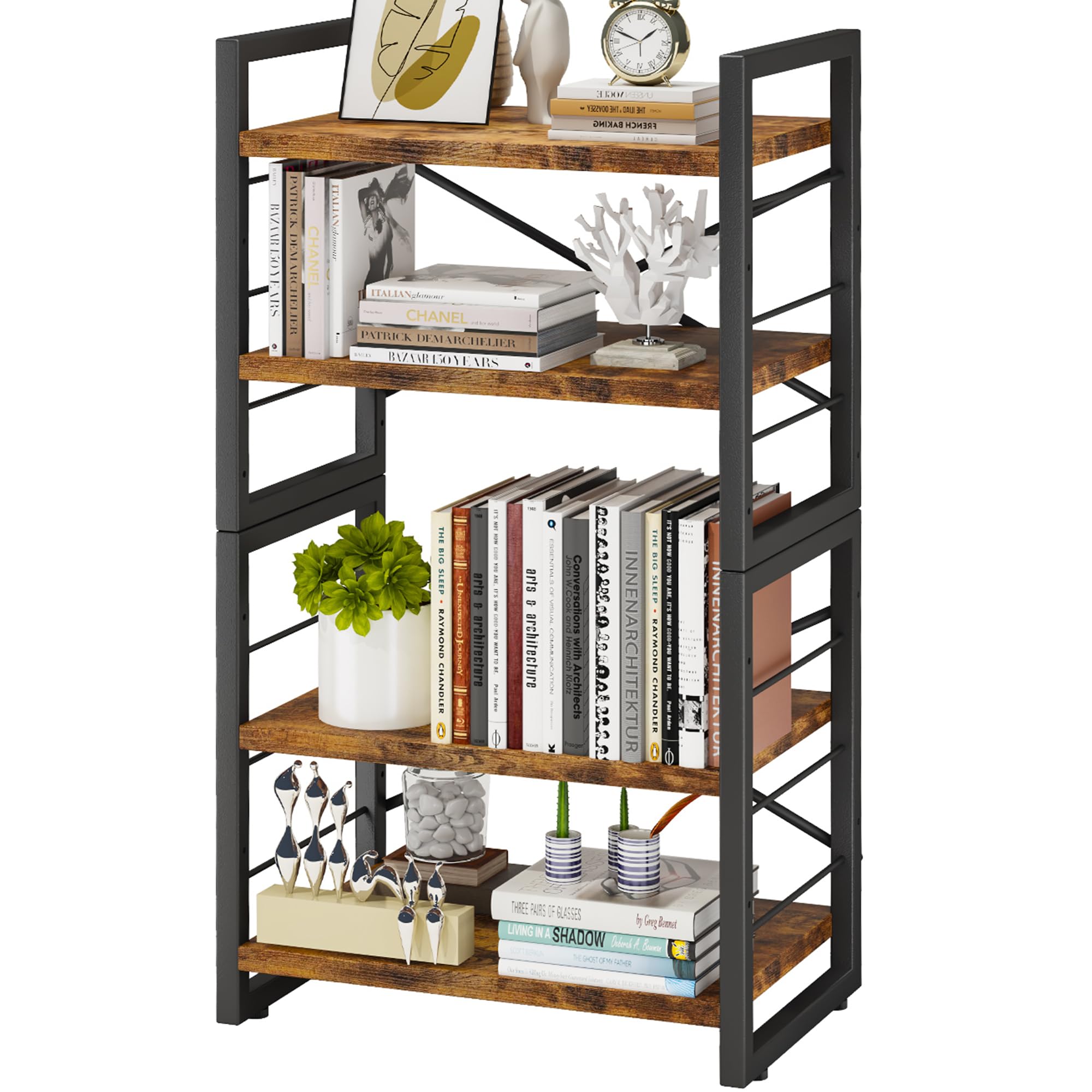 Industrial Rustic Bookshelf - 4 Tier Stackable Desk Hutch & Storage Organizer for Home Office, Dorm, Living Room & Bedroom (Adjustable, Rustic Black/Brown) - Perfect for Organizing Books, Decor & Office Supplies