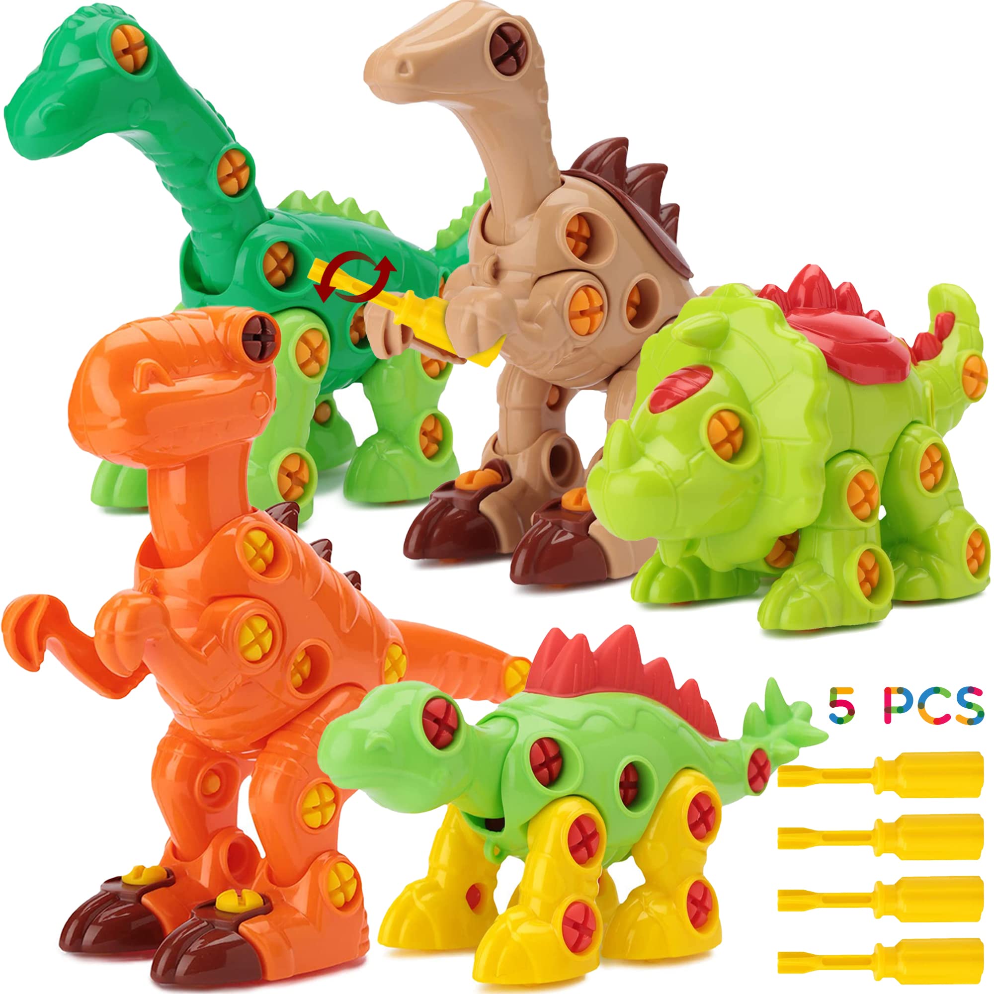 CO-T Take Apart Dinosaur Toys Set of 5 with Screwdrivers - STEM Educational Building Toys for Kids Ages 3-8 - Perfect for Birthday Gifts, Classroom Activities & Pretend Play Adventures