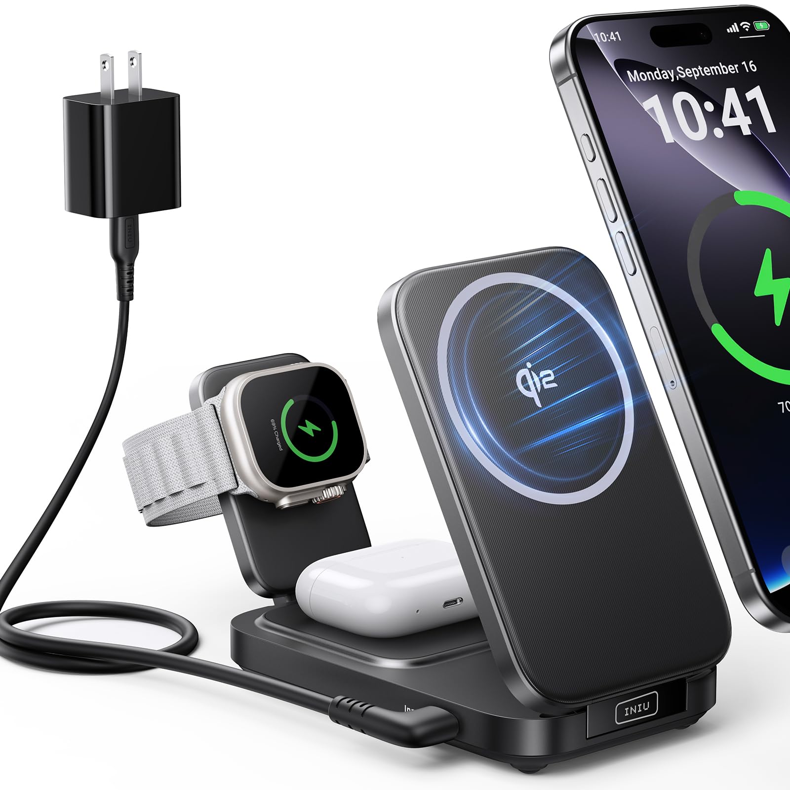 INIU 3-in-1 Wireless Charging Station - Qi2 Certified MagSafe Travel Charger for iPhone 16/15/14/13/12 Series, Apple Watch & AirPods | Foldable Stand with Adapter | Perfect for Home, Office & Travel Charging