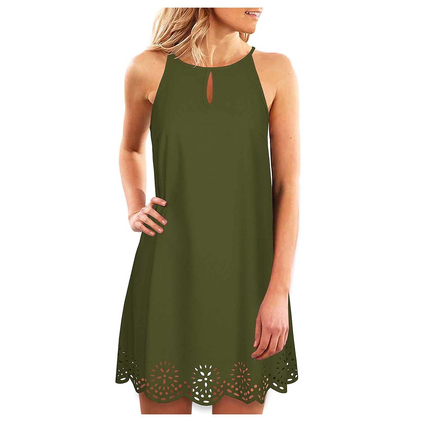 Women's Summer Midi Dress - Solid Color Casual Floral Hollow Out Camisole Dress for Beach, Vacation & Outdoor Parties