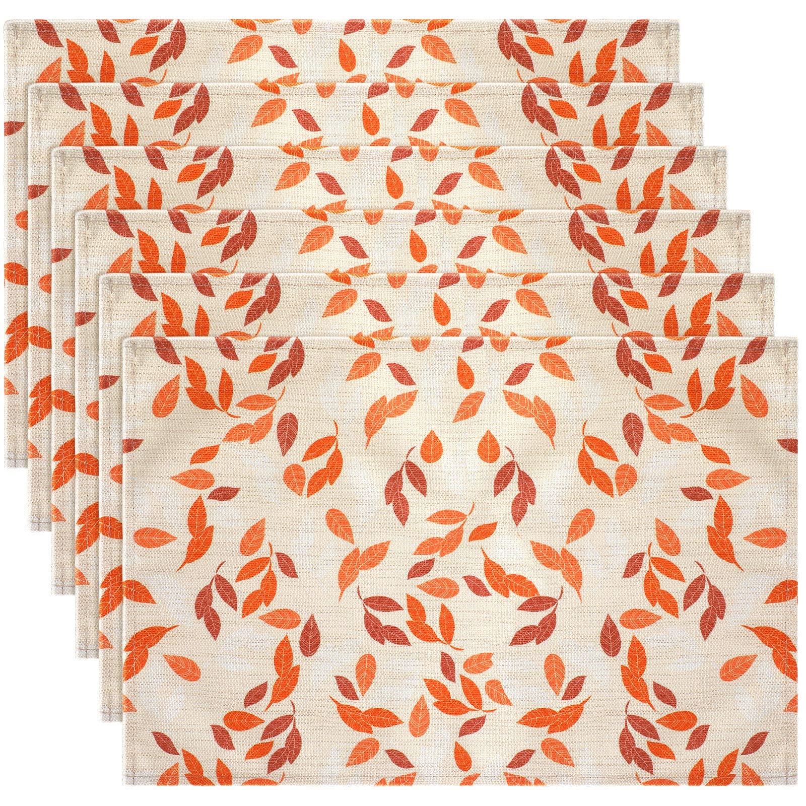 Funtery Fall Placemats Set of 6 - 16.5 x 11.8 Inch Orange Autumn Table Mats with Burlap Leaves Design, Vintage Thanksgiving & Harvest Decor for Holiday Dining, Parties & Seasonal Home Decoration