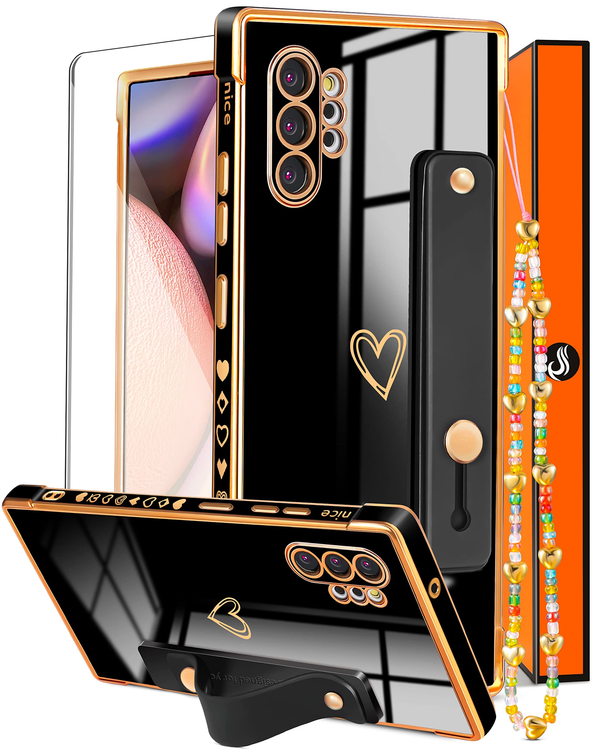Samsung Galaxy Note 10 Plus Case (6.8 inch) - 3-in-1 Luxury Cute Heart Design Phone Cover with Screen Protector & Chain for Women | Trendy Black & Gold Plating | Perfect for Everyday Use, Gift Giving & Fashion Accessories