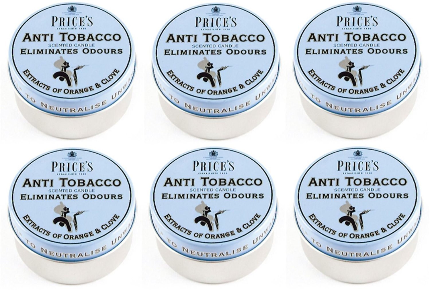 6-Pack Price's Anti Tobacco Candles in Tin - Eliminates Smoke & Tobacco Odors - Perfect for Homes, Cars, and Offices