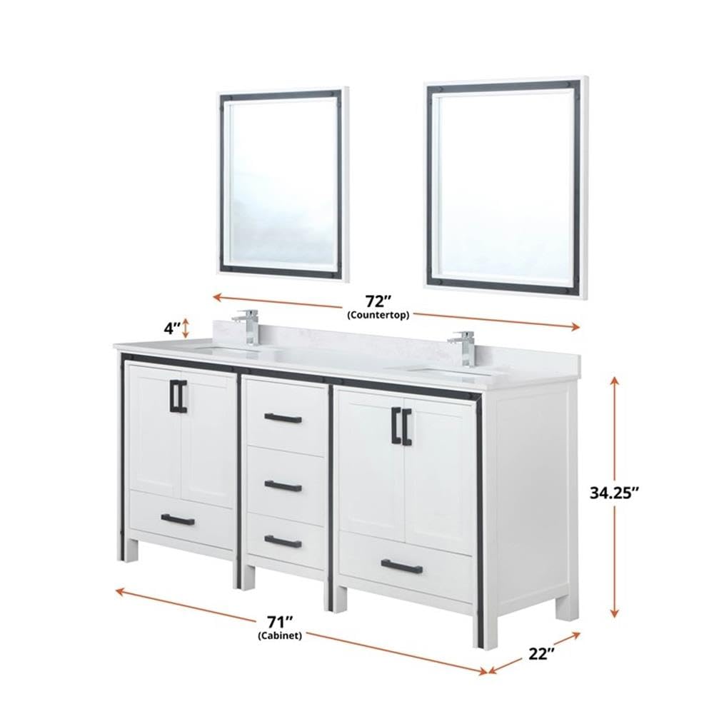 72 Inch White Double Bathroom Vanity with 22 Inch Depth & 30 Inch Mirrors - Modern Bathroom Storage Solution for Master Bath or Guest Bath Remodel