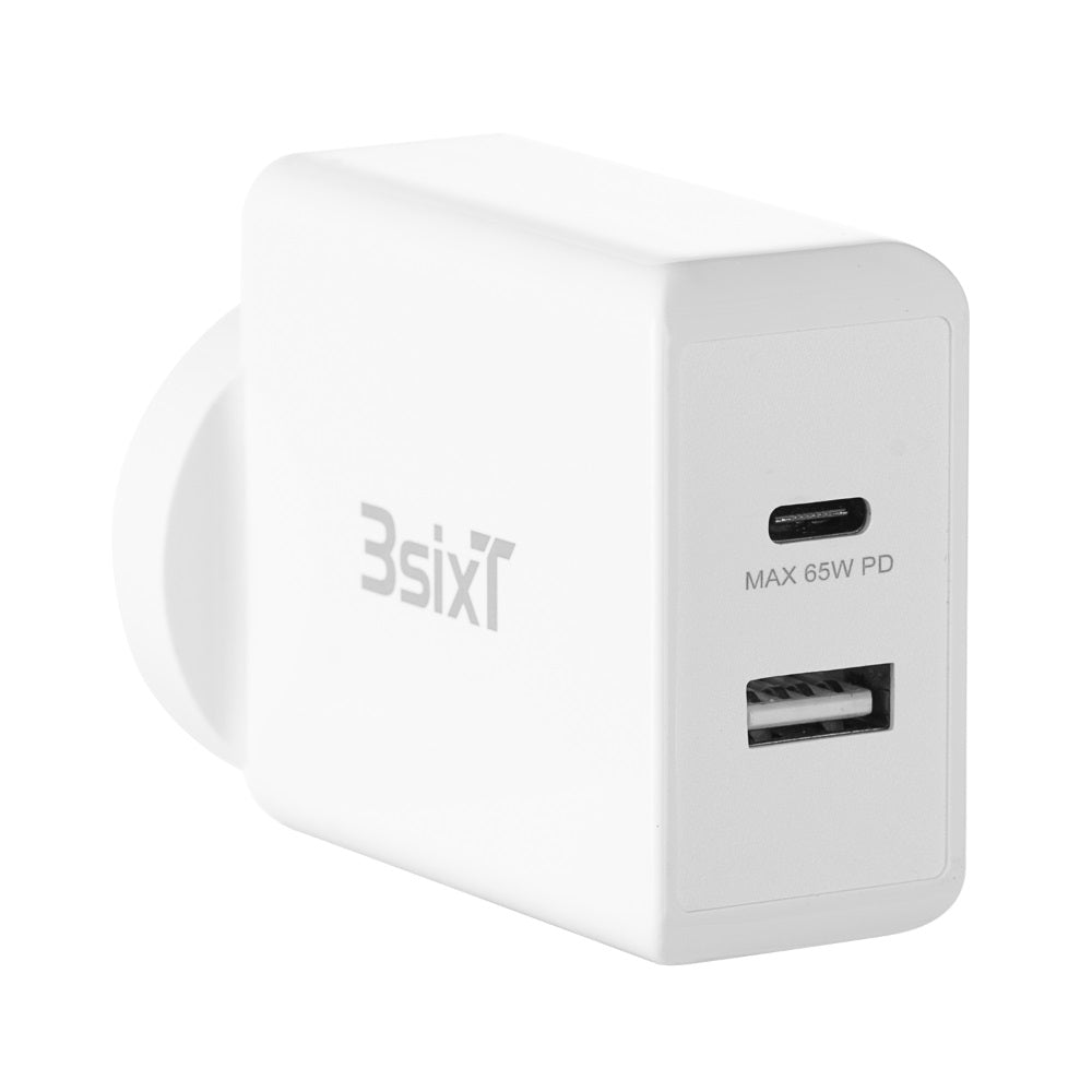 3sixT ANZ 65W USB C PD Fast Wall Charger with 2.4A Port - Compact & Powerful for iPhone 15/14/13, MacBook, iPad, Samsung Galaxy - Perfect for Travel, Home & Office Use