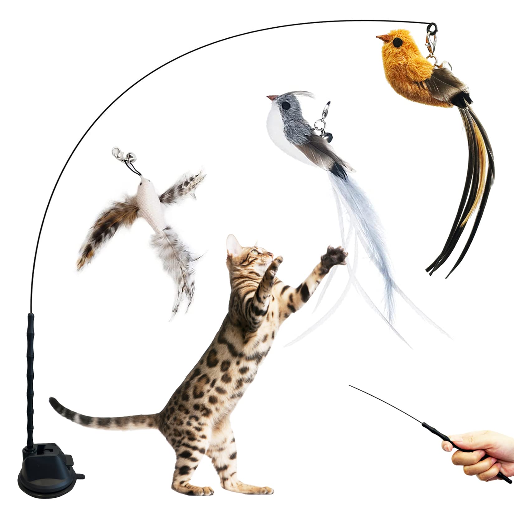 Interactive Cat Feather Toys with Super Suction Cup - 3 Pcs Detachable Replacement Set with Bells - Fun Indoor Play for Active Cats - Perfect for Exercise, Bonding & Mental Stimulation