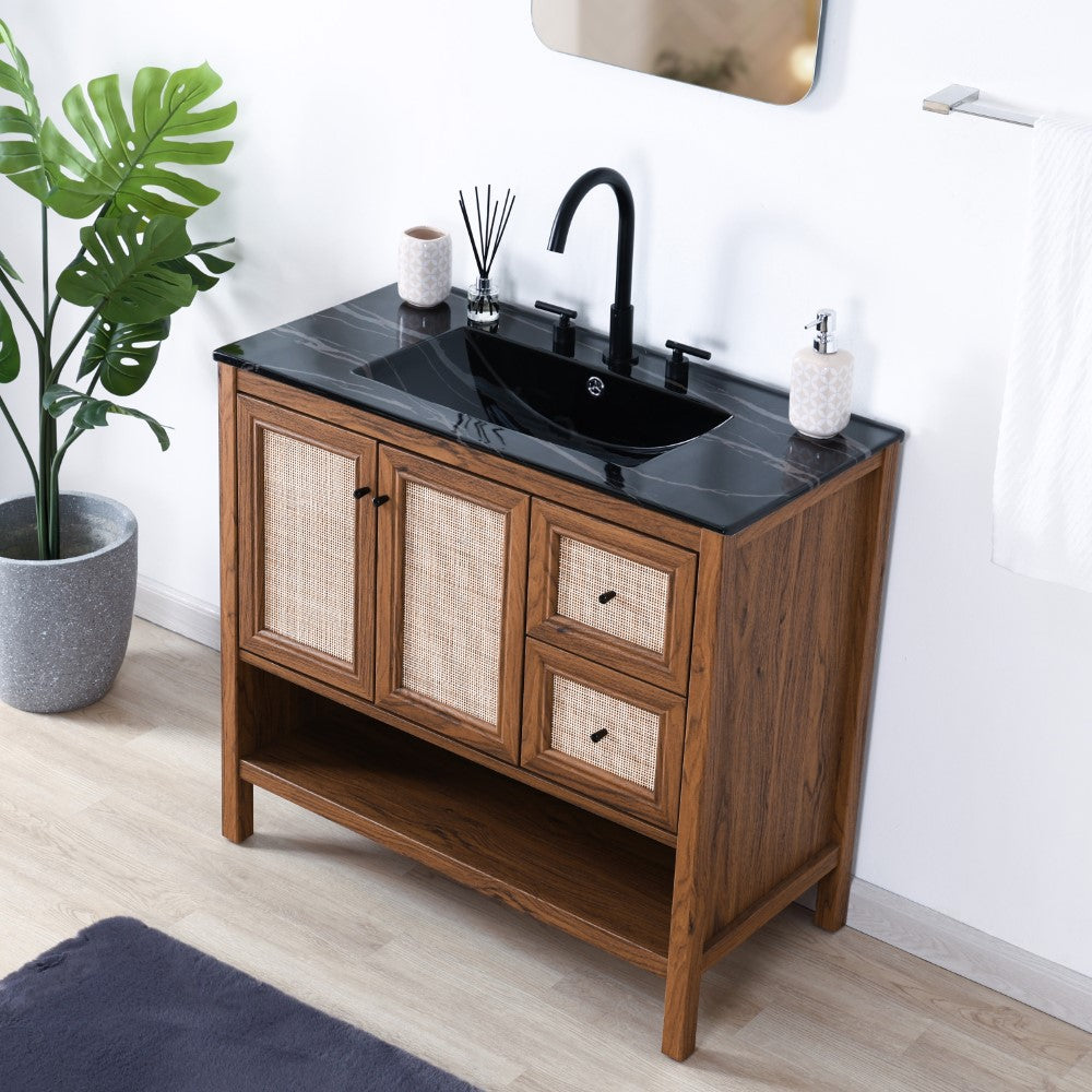 Modern Coastal 2-Shelf Bathroom Vanity Cabinet in Jasper Rattan - Freestanding Storage for Beach House or Bathroom Decor (Sink Not Included) - Perfect for Coastal, Farmhouse or Boho Style Bathrooms