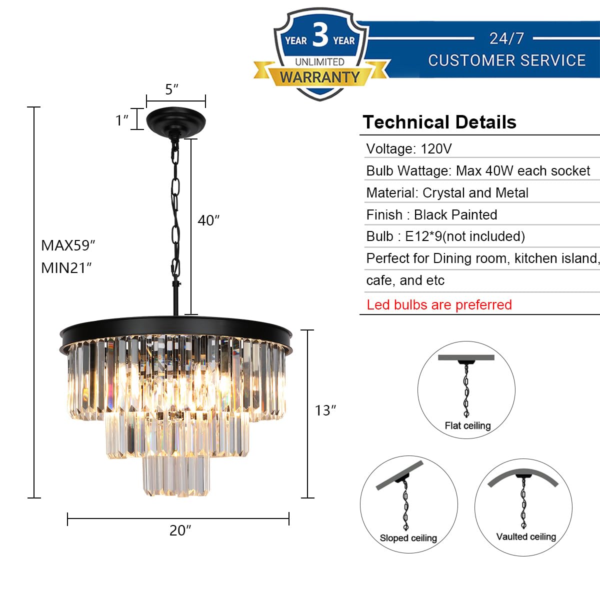 9-Light Black Modern Crystal Chandelier - 3-Tier Round Ceiling Light Fixture for Dining Room, Bedroom, Living Room, Entryway & Kitchen Island (20 Inch Diameter) - Elegant Lighting for Home Decor & Special Occasions