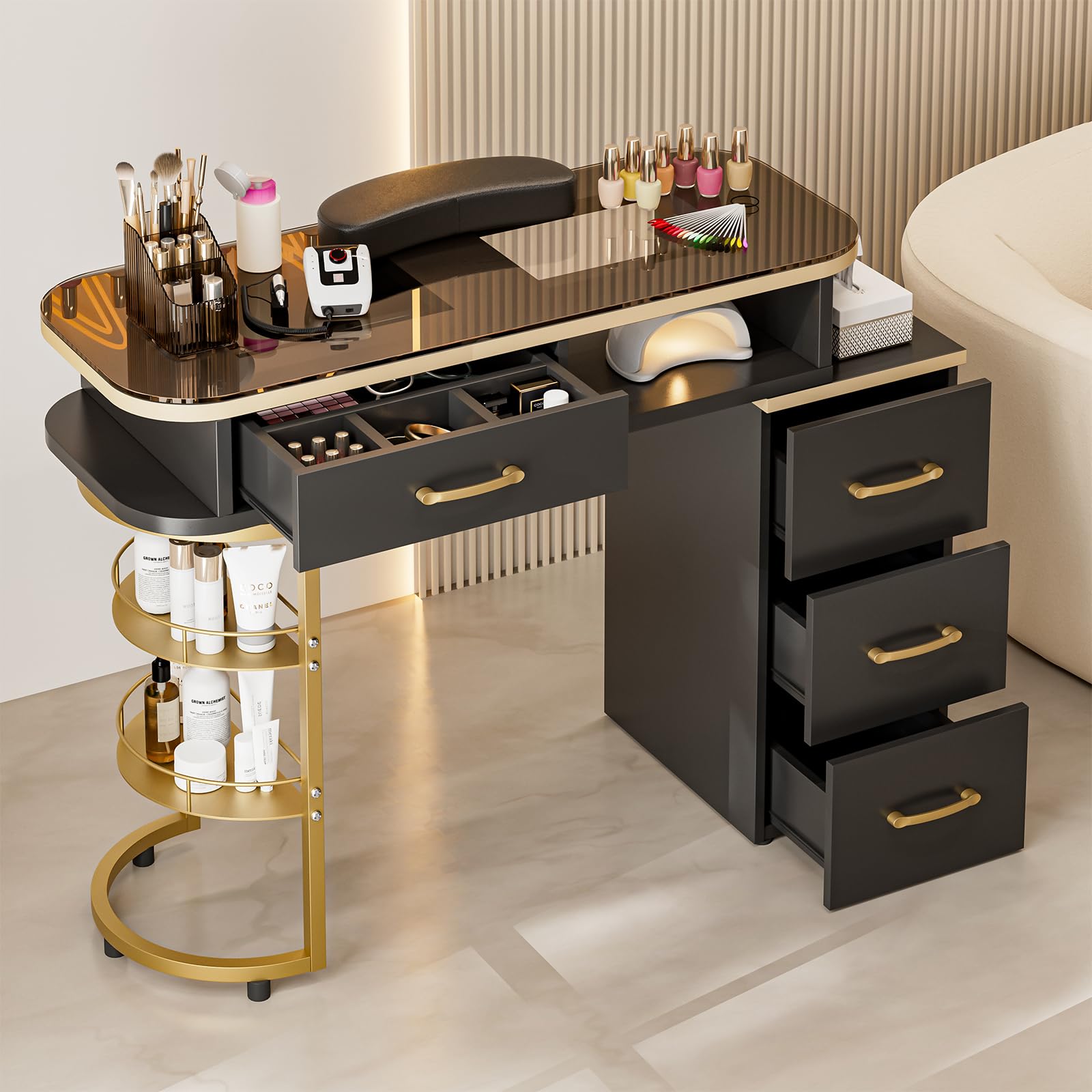 Paddie Professional Manicure Table for Nail Technicians - Glass Top Nail Salon Desk with 4 Drawers & 2-Tier Storage Shelves - Acetone Resistant Beauty Workstation with Wrist Cushion & Golden Handles (Black) - Perfect for Nail Salons, Home Studios & Mobile Nail Services