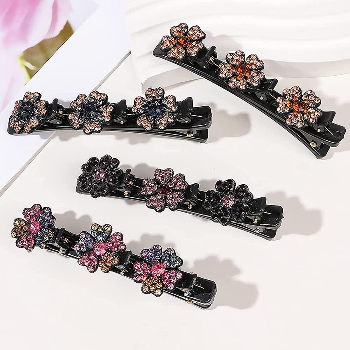 INHEAVEN 4-Pack Rhinestone Flower Hair Clips for Women - Double Layer Braided Hairpins with Crystal Hummingbird Design | Perfect for Weddings, Parties & Everyday Elegance