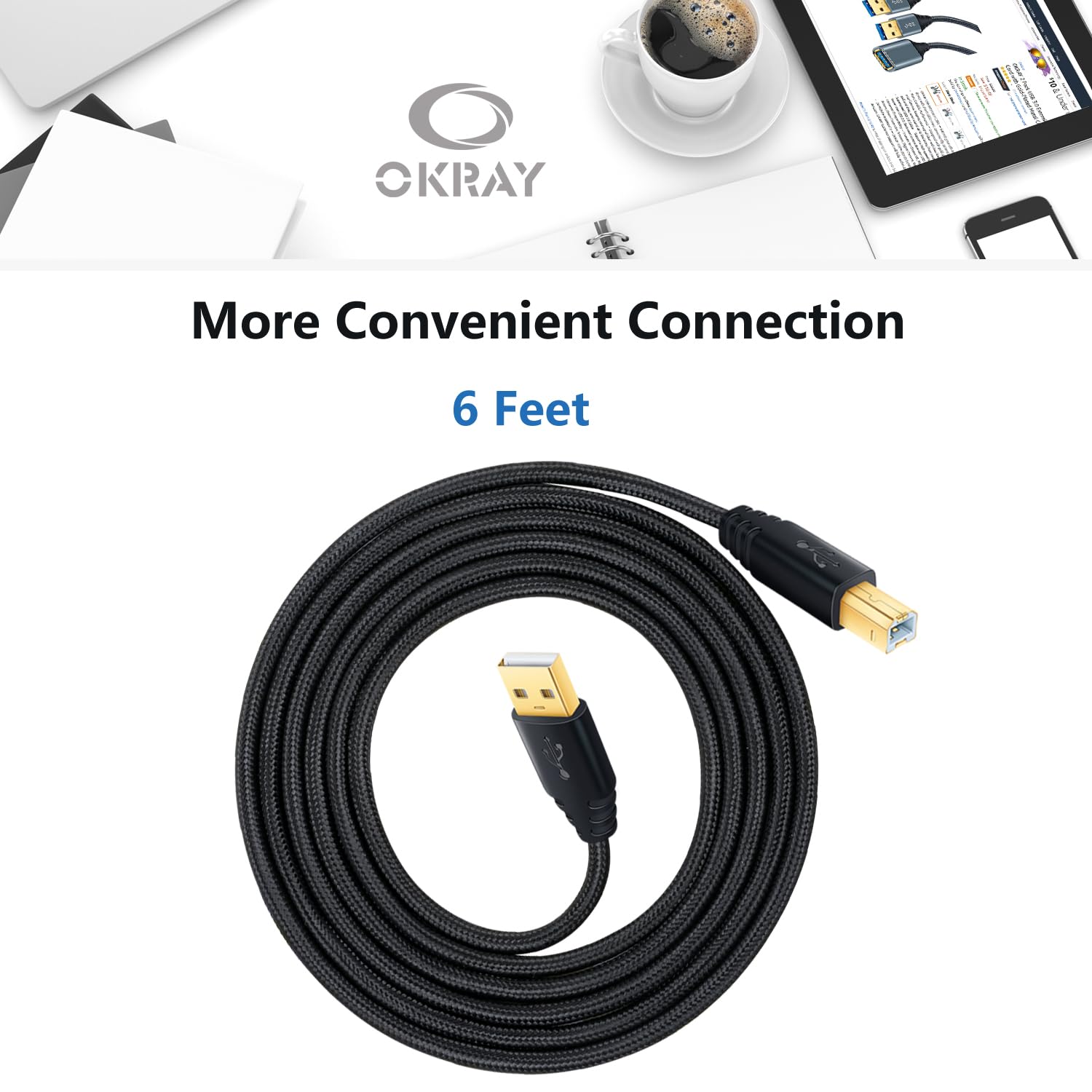 OKRAY 2-Pack 6ft USB 2.0 Printer Cable, USB A to B Male to Male Scanner Cord with Gold-Plated Connectors & Nylon Braiding - Compatible with Samsung, Dell, Epson, HP, Canon, Brother Printers - Perfect for Home Office, Small Business & Workstation Setups