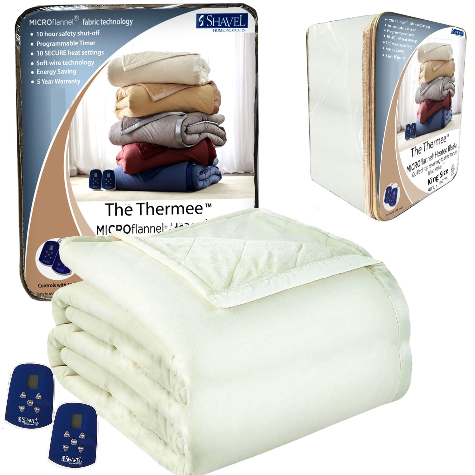 Thermee Micro Flannel Ultra Velvet Heated Blanket - King Size Electric Blanket with 10 Heat Settings, Programmable Timer & Machine Washable - Ultra Soft Warming Throw for Bed, Couch & Office Use - Cream