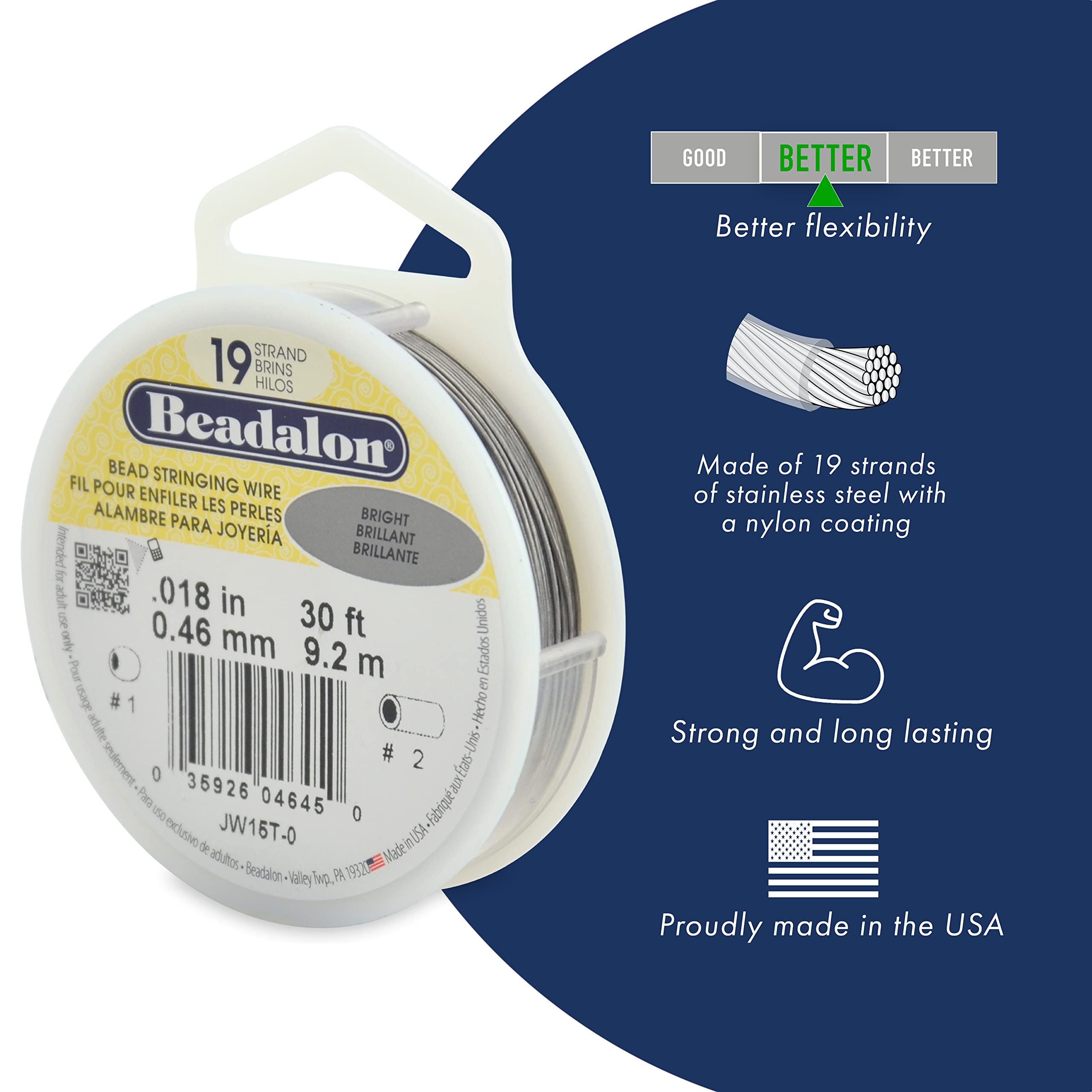 Beadalon 19 Strand Stainless Steel Bead Stringing Wire - .018 Inch (0.46mm) Diameter, Bright Finish, 1000 Feet (305m) Spool - Perfect for Jewelry Making, DIY Crafts, and Beading Projects