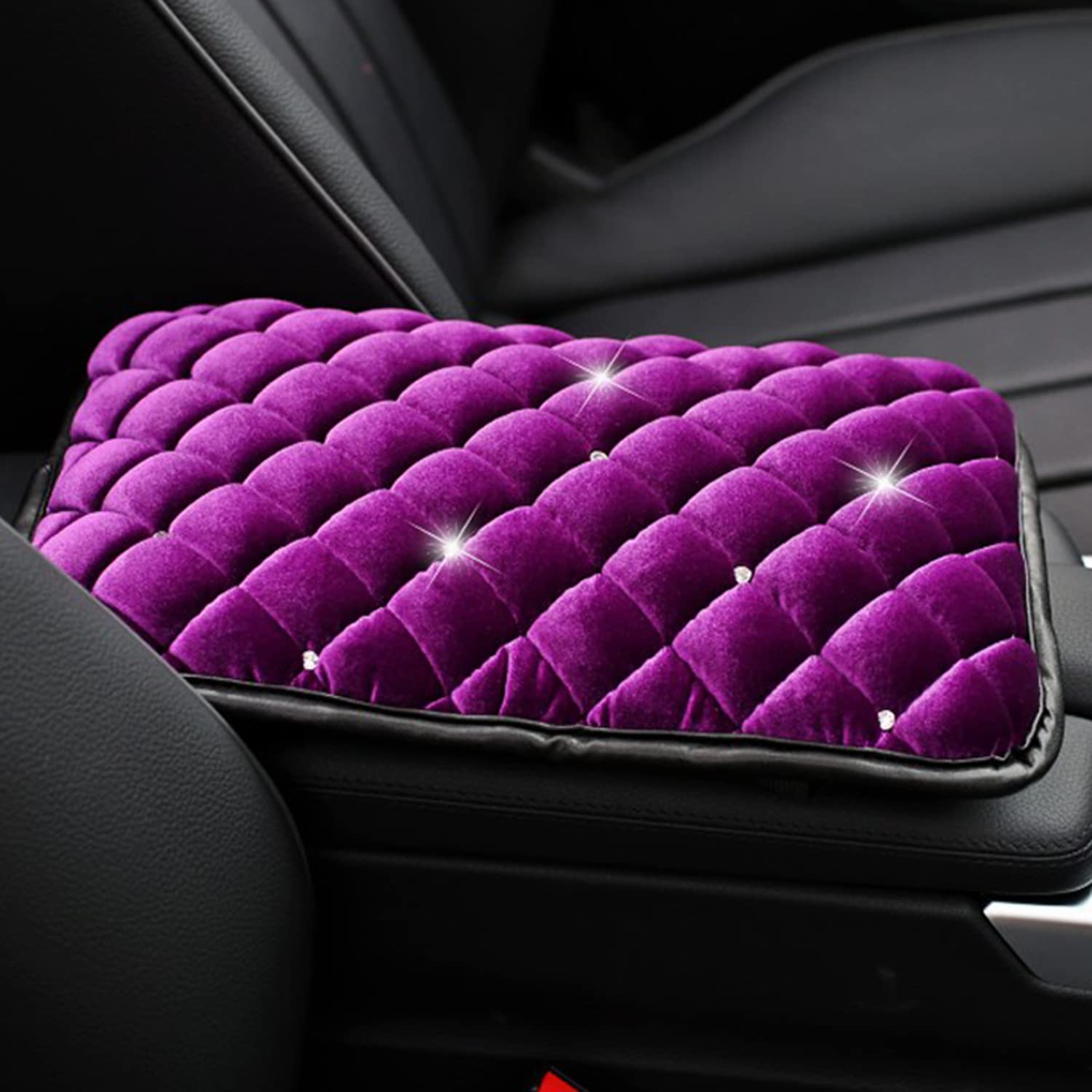 3-Pack Soft Plush Car Armrest Cover Protector - Universal Fit Bling Bling Auto Center Console Pad with Bonus Coasters (Purple) for Luxury Car Interior Protection & Comfort - Perfect for Road Trips, Daily Commute & Long Drives