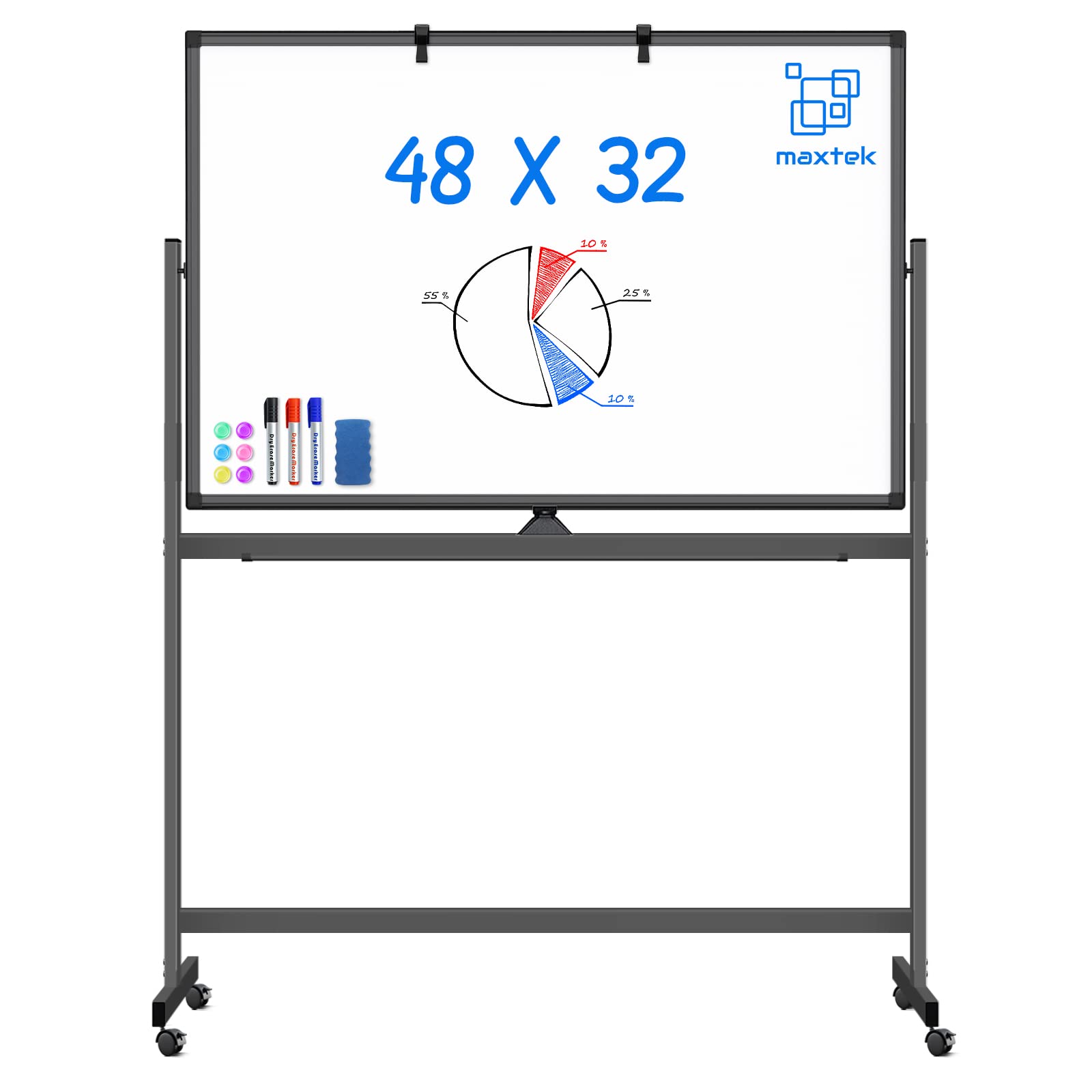 Maxtek 48x32 Inches Large Rolling Whiteboard Easel - Double-Sided Magnetic Dry Erase Board on Wheels for Home, Office & Classroom - Mobile Standing Whiteboard for Presentations, Teaching & Brainstorming (Black)