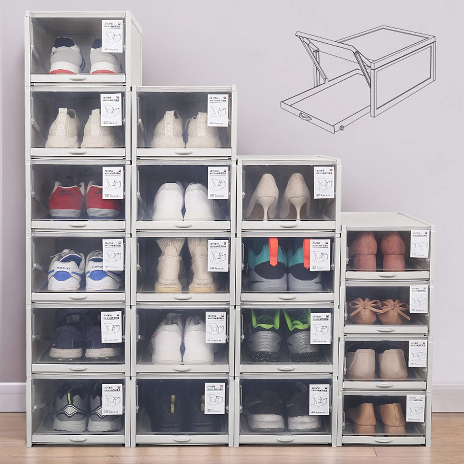 SUNDAY HOME Clear Shoe Boxes with Drawers - 12 Pack Stackable Plastic Shoe Storage Containers | Closet Organizer & Sneaker Display Case (White) - Perfect for Bedroom, Closet, or Entryway Organization