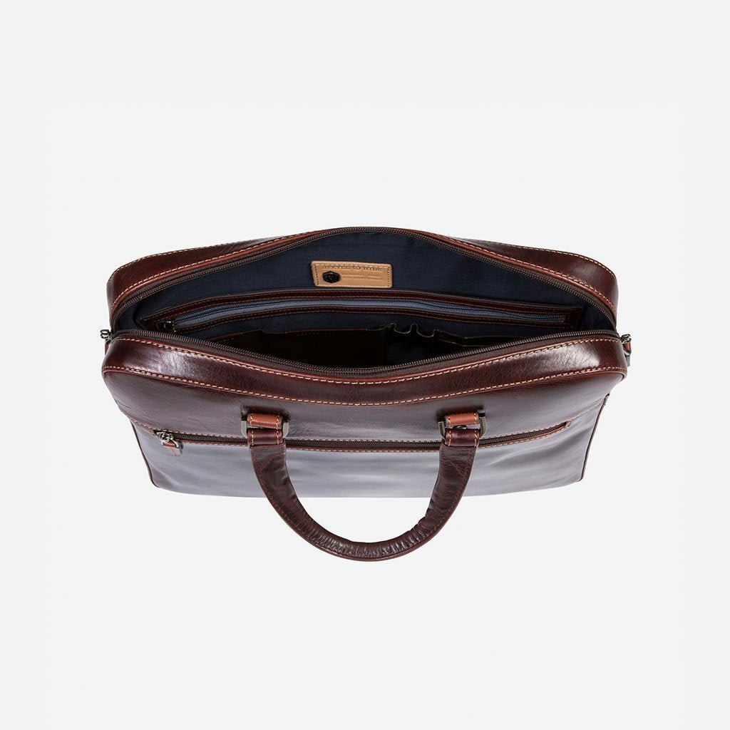 Jekyll & Hide Oxford Slim Zip Top Briefcase in Tobacco - Stylish & Durable Leather Laptop Bag for Work, Business, Travel & Everyday Use