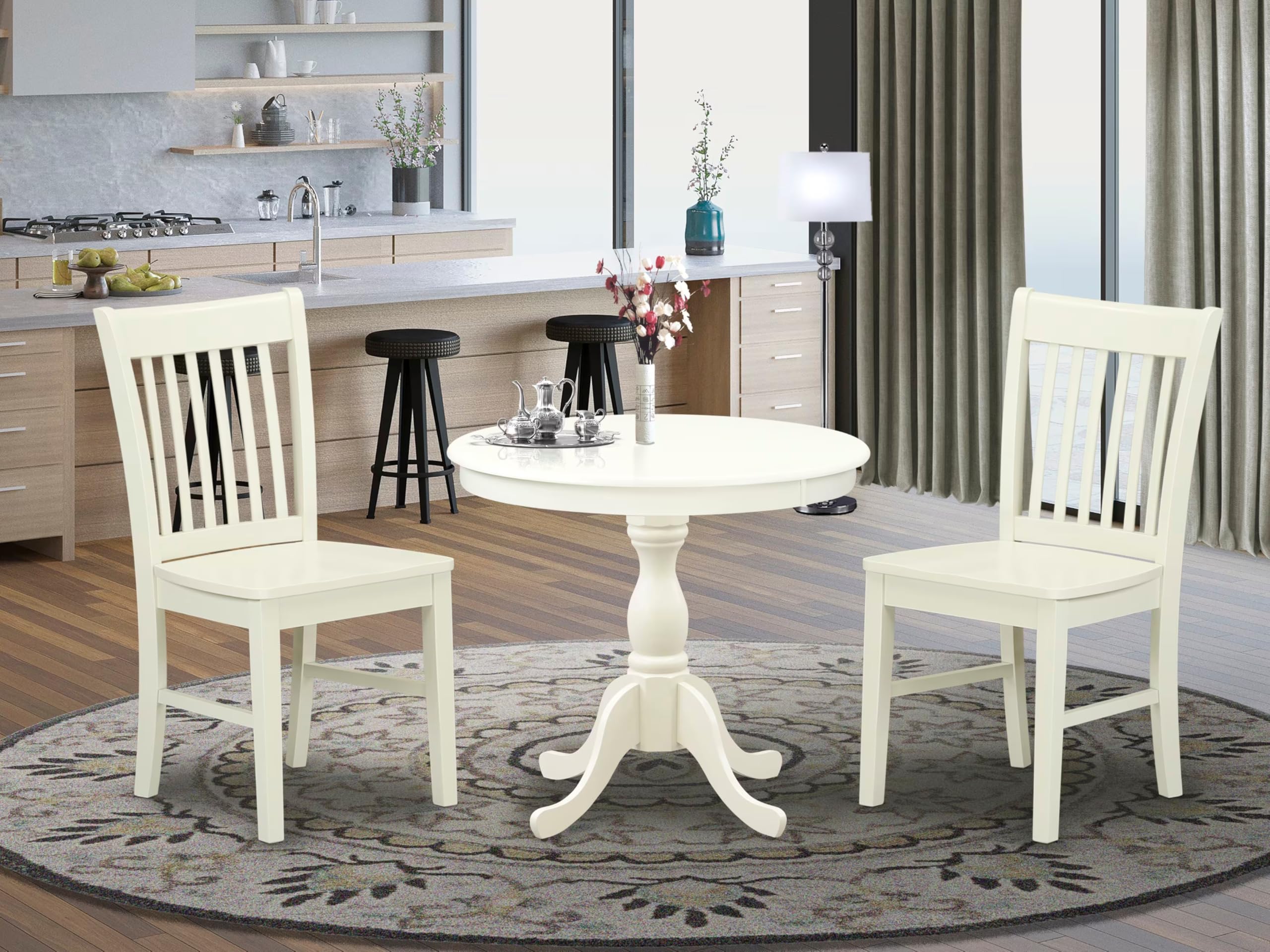 East West Furniture AMNF3-LWH-W 3-Piece Round Dining Table Set with Pedestal Base & 2 Chairs - 36x36 Inch Small Space Kitchen Table in Linen White - Perfect for Apartments, Breakfast Nooks & Cozy Dining Areas