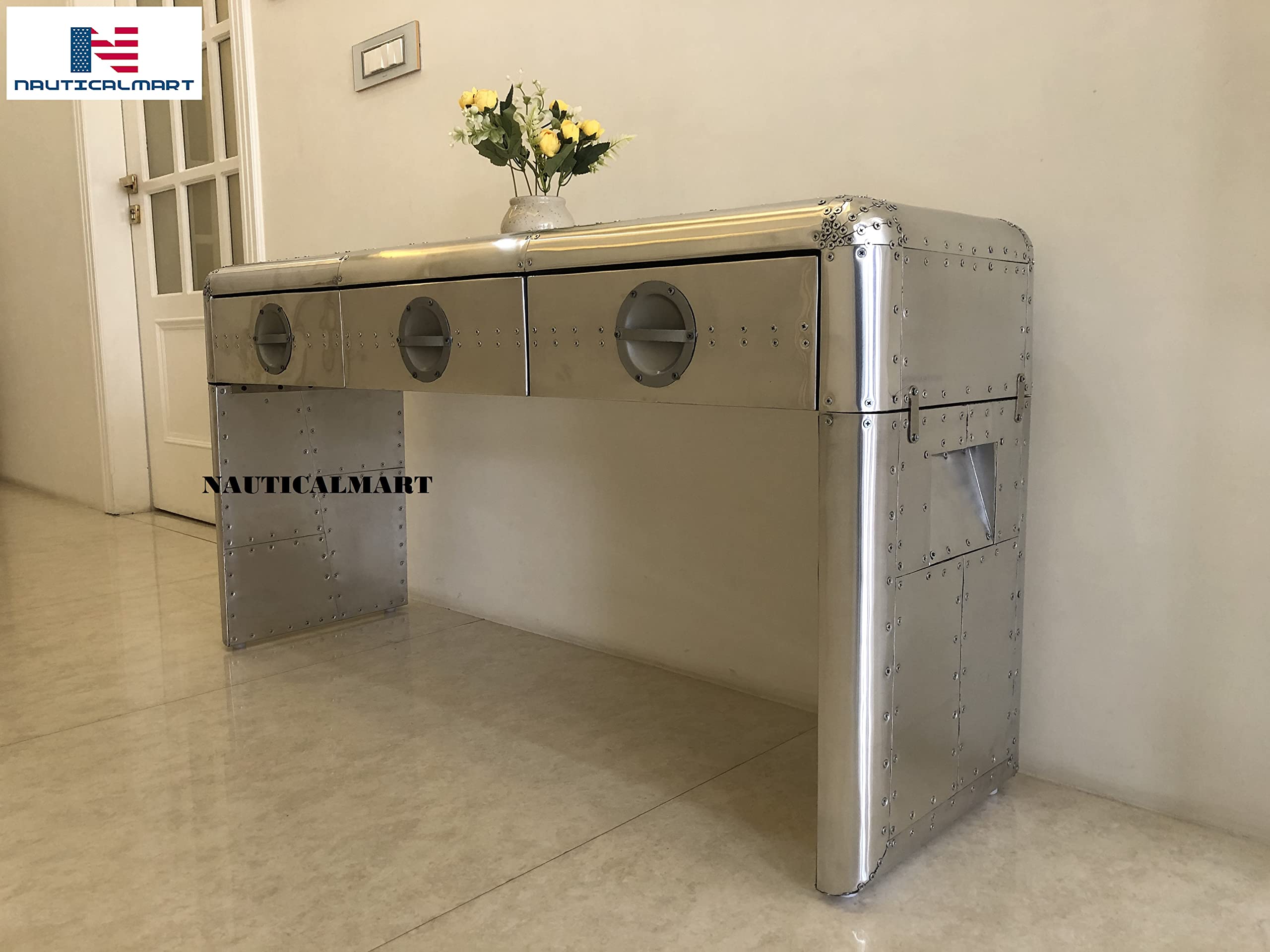 Nautical-Mart Aviator Console Table with 3 Drawers - Modern Bedside Storage Nightstand for Bedroom, Living Room & Office