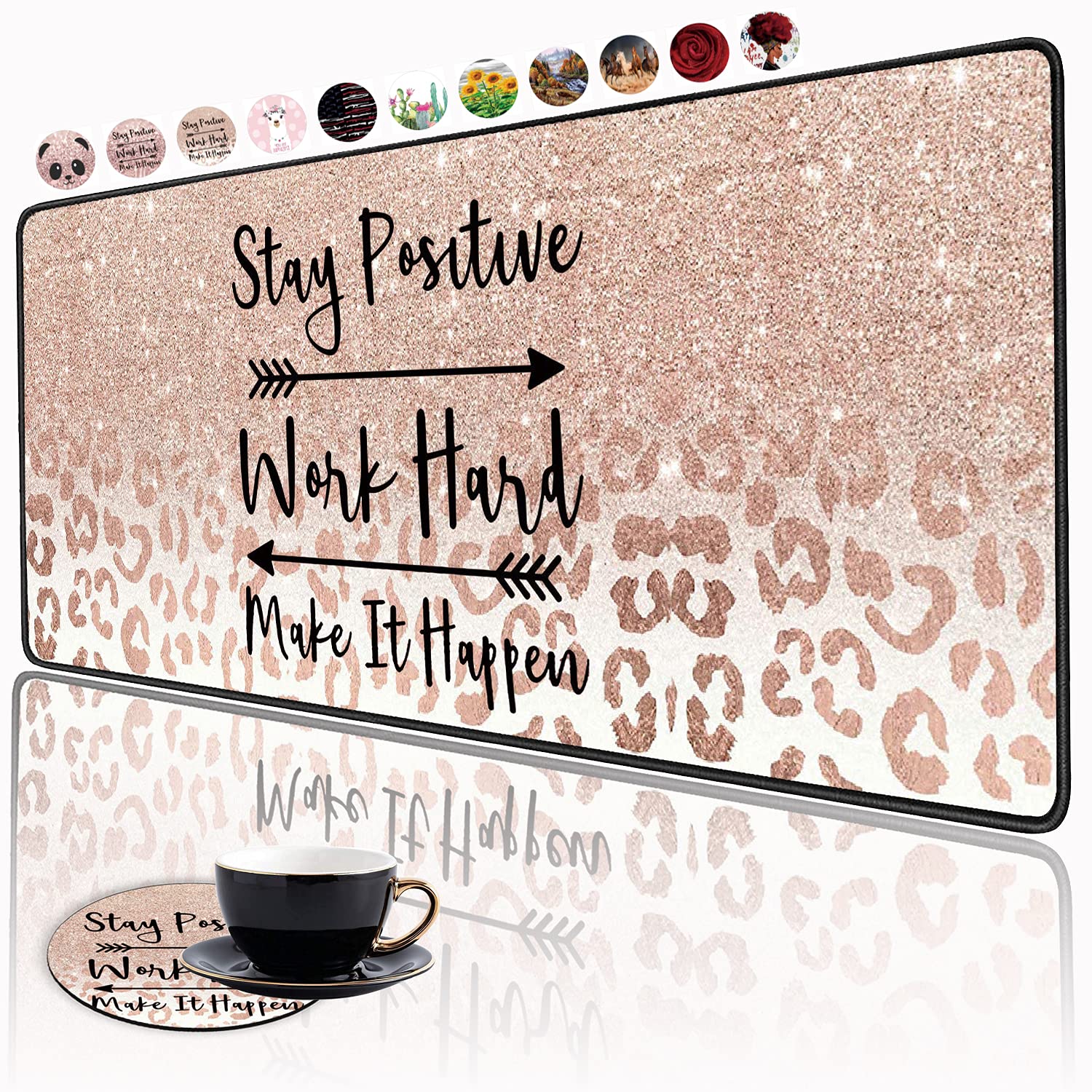 Extra Large Gaming Mouse Pad with Non-Slip Rubber Base - Ergonomic Extended Desk Mat for PC, Laptop & Office Work | Includes Cup Coaster | Motivational Pink Leopard Star Design - Perfect for Gamers, Programmers & Home Office Setup