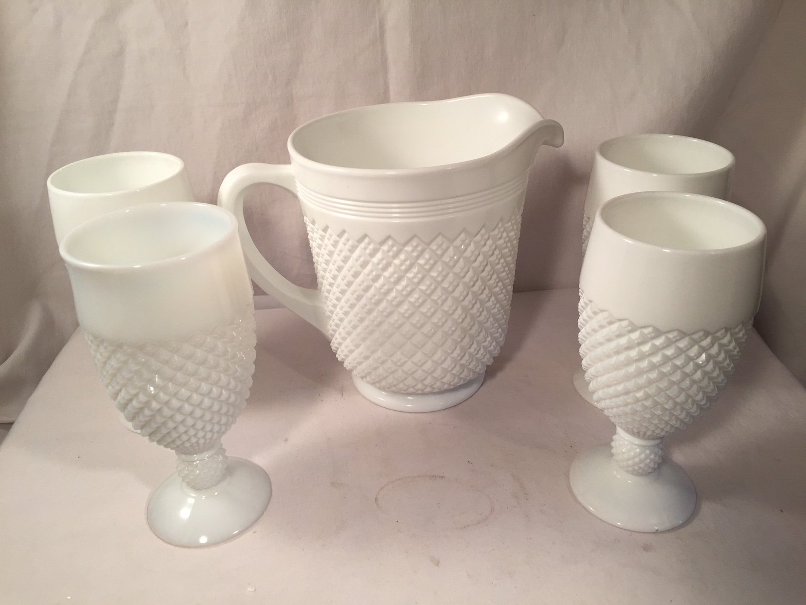 Premium Mosser Glass USA 5-Piece Milk Glass Water Pitcher Set - Addison Pattern - American Made for Elegant Dining & Home Decor