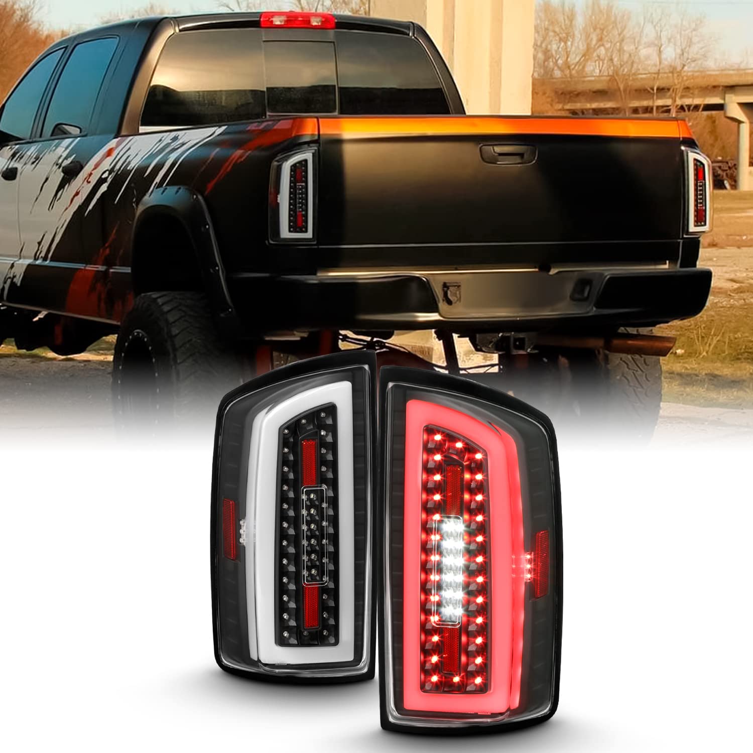 AKKON Full LED Tube Bar Black Tail Lights Brake Lamp Pair for 2007-2009 Dodge Ram 1500 2500 3500 - Upgrade Your Truck's Style & Safety for Night Driving & Off-Road Adventures