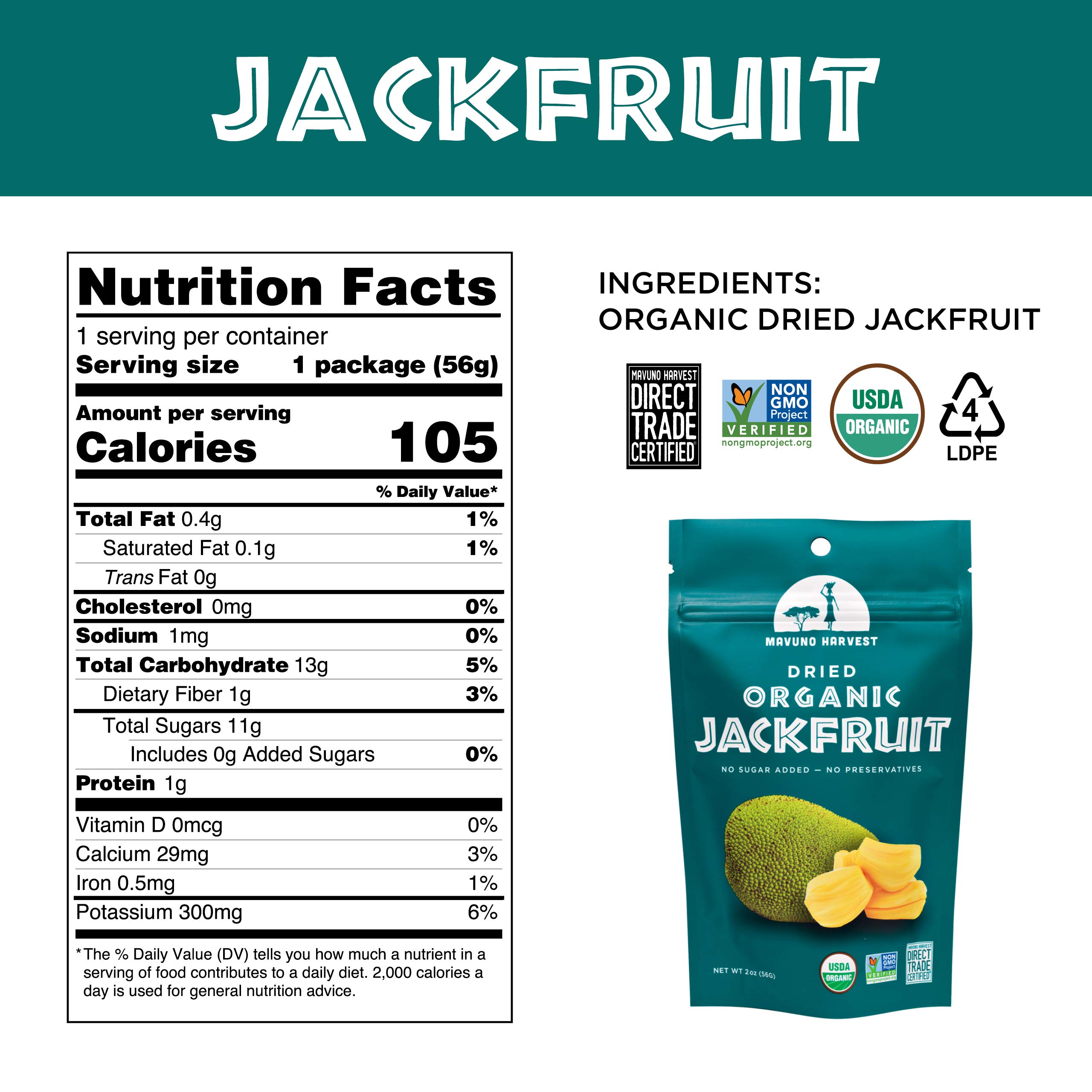 Organic Dried Jackfruit Chips by Mavuno Harvest | Unsweetened, Vegan, Gluten-Free, Non-GMO Healthy Snack | 2oz Pack of 6 | Perfect for On-the-Go, School Lunches & Office Snacking