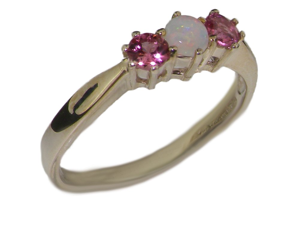 925 Sterling Silver Genuine Opal & Pink Tourmaline Women's Trilogy Ring - Elegant Anniversary Gift for Her, Wedding Band, Valentine's Day Present, Special Occasion Jewelry