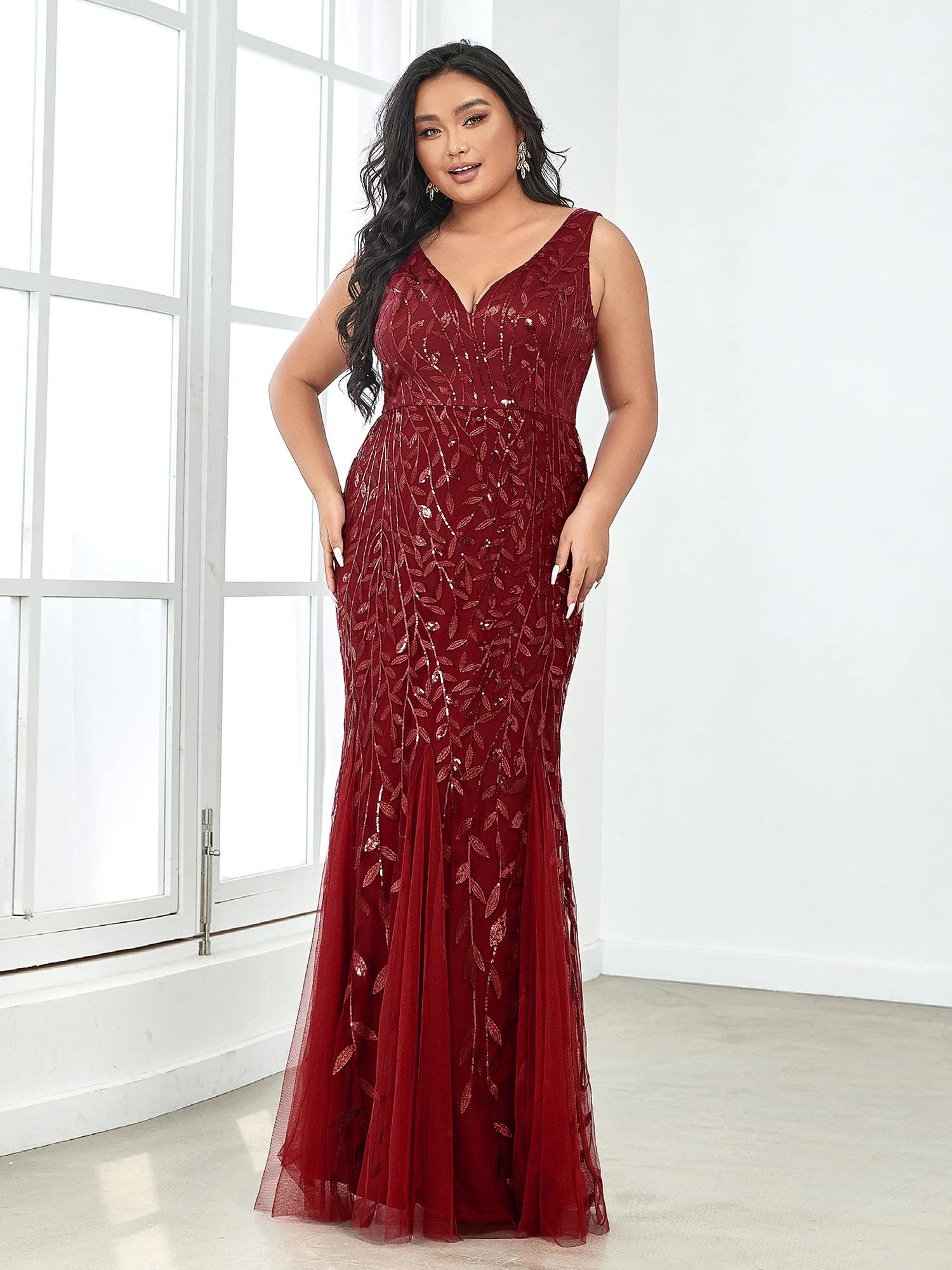 Ever-Pretty Women's Sequin V-Neck Sleeveless Bodycon Mermaid Evening Gown Plus Size Formal Prom Dress 07886-PZUSA - Perfect for Weddings, Galas, and Special Occasions