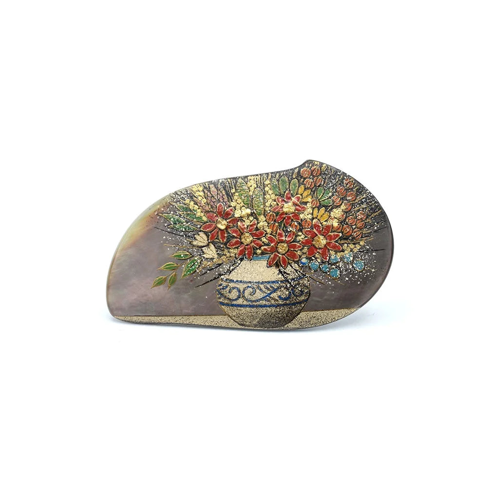 Exquisite Maki-e Urushi Lacquer Brooch with Black Lip Oyster Pearl Shell & Floral Design | Traditional Japanese Lacquer Jewelry for Women | Perfect for Formal Occasions, Weddings & Special Events