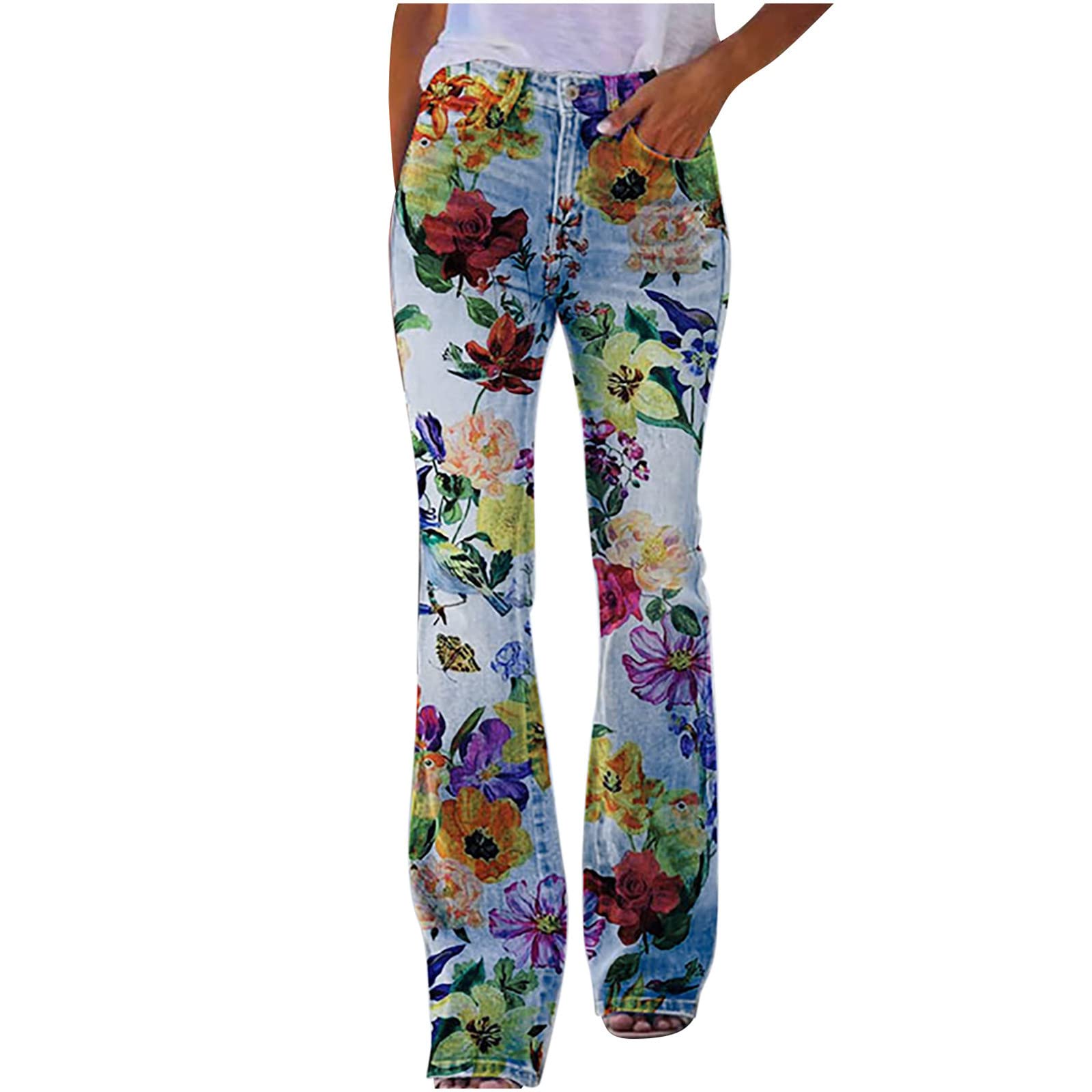 Vintage Floral Button Embroidery Women's Plus Size High Waist Bootcut Jeans - Stretch Denim Flare Pants for Casual Wear & Boho Outfits