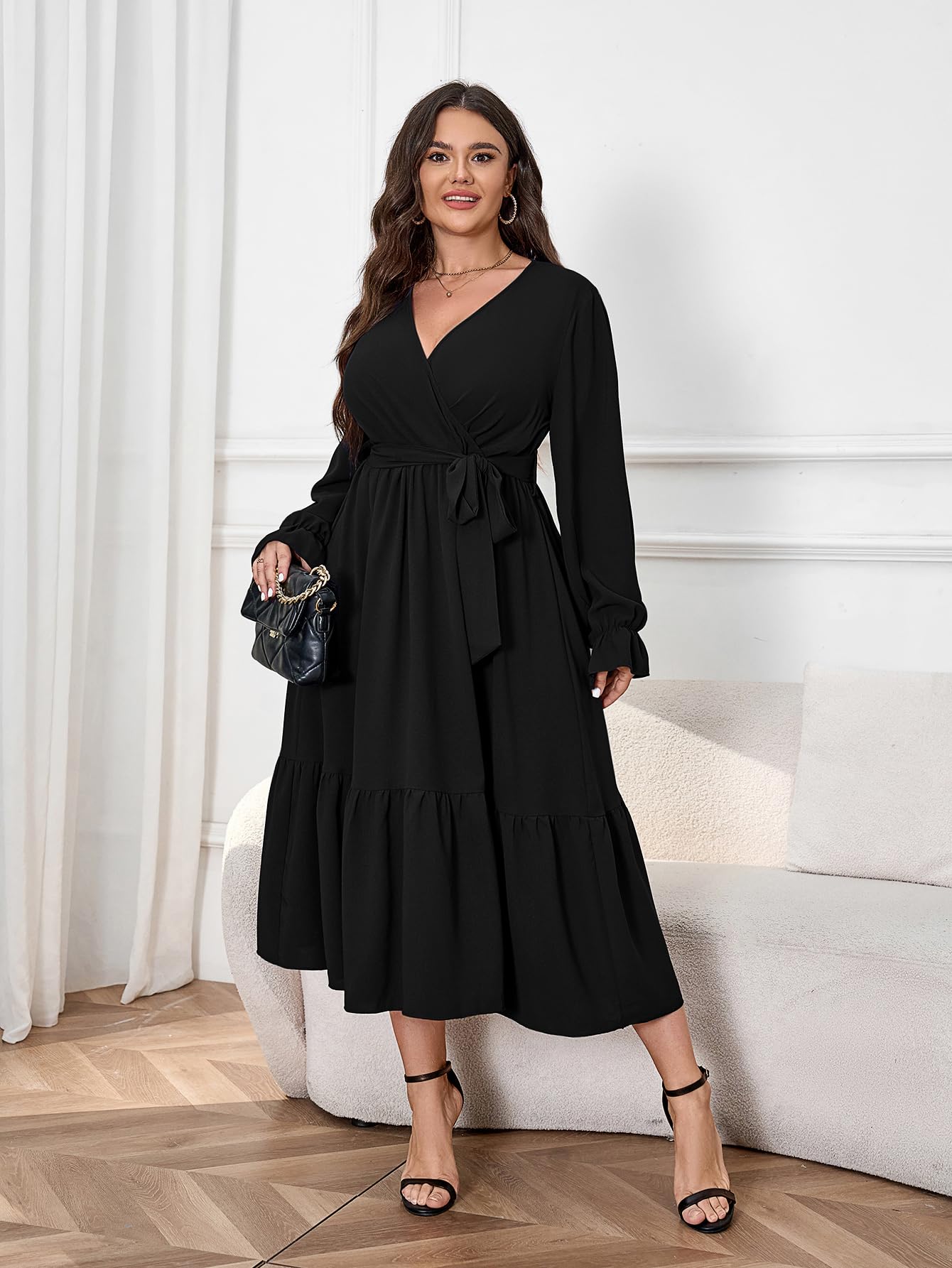 Elegant Plus Size Wedding Guest Dress for Women - Long Sleeve Wrap V-Neck Belted A-Line Maxi Dress with Ruffle Hem | Perfect for Cocktail Parties, Formal Events & Special Occasions