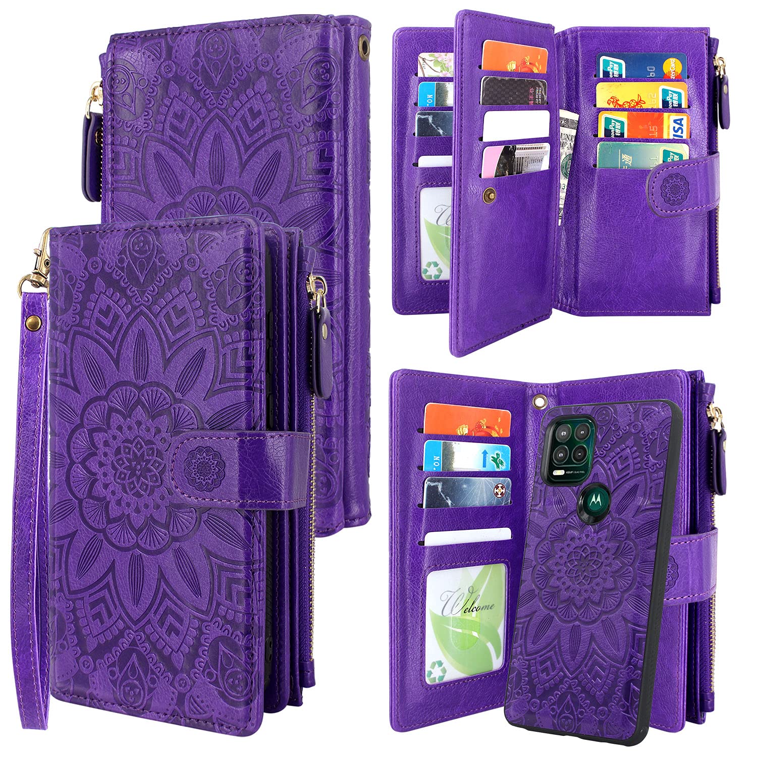 Harryshell Detachable Magnetic Zipper Wallet Case for Motorola Moto G Stylus 5G (2021) - Leather Phone Cover with 12 Card Slots, Cash Pocket & Wrist Strap - Flower Purple | Perfect for Daily Use, Travel & Hands-Free Convenience