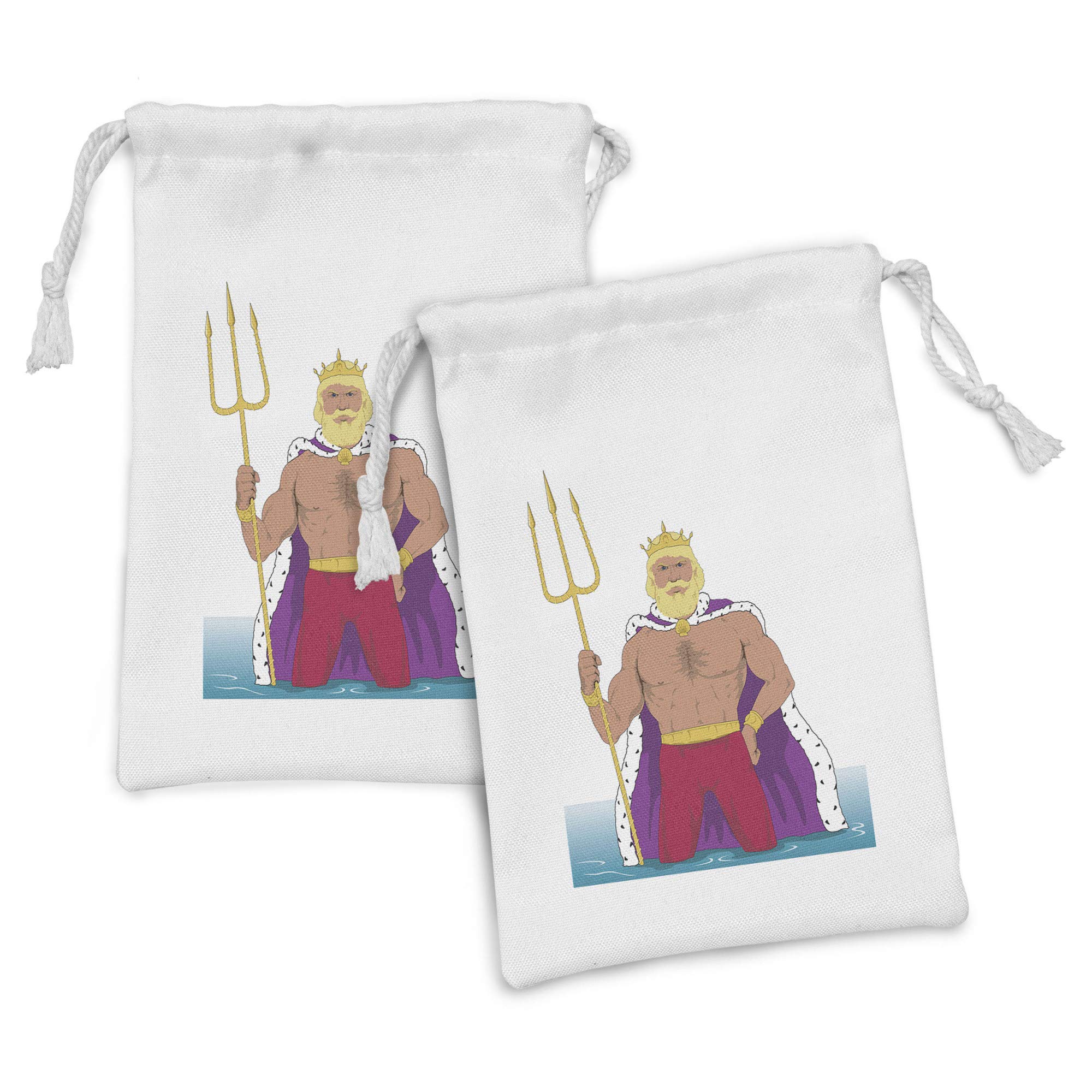 Ambesonne Neptune Fabric Pouch Set of 2 - Cartoon Ocean King with Crown & Trident Print, 9