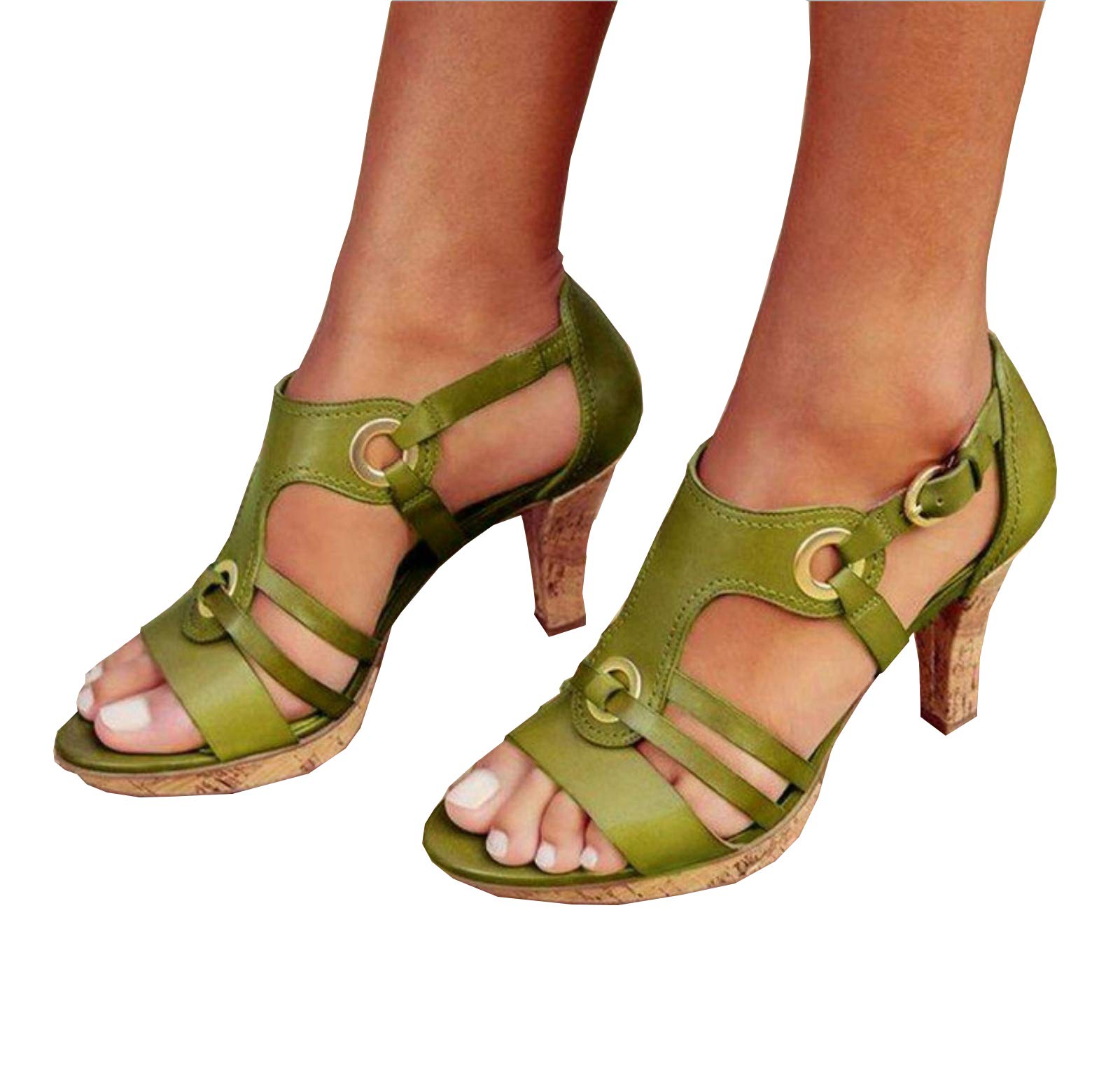 BTKD Women's High Stiletto Pump Heeled Sandals - Open Toe Strappy Dress Shoes with Adjustable Ankle Strap, Handmade Green Heels Size 40 for Evening Parties, Weddings & Special Occasions