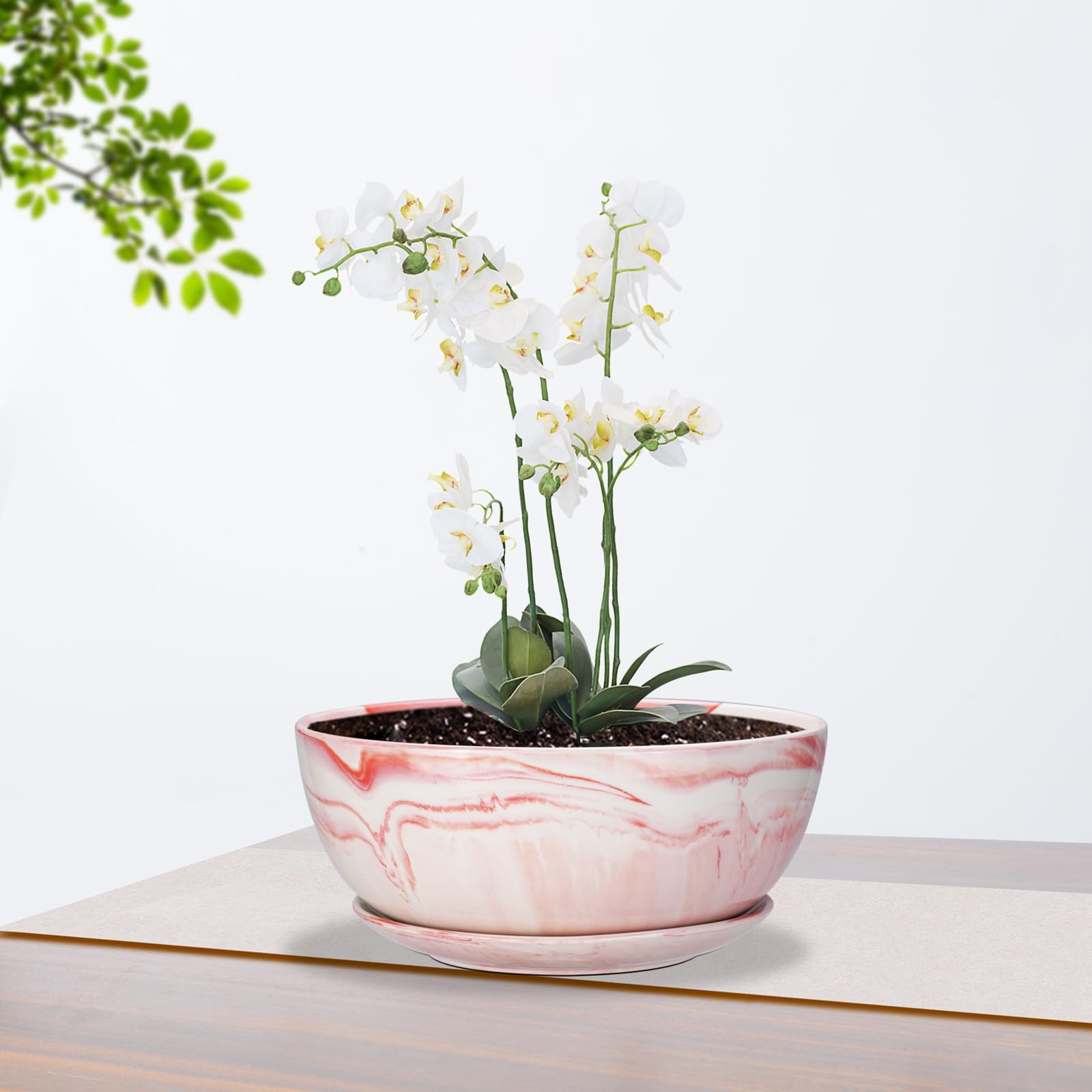 Large Ceramic Succulent Planter Pot with Drainage Hole & Saucer - Marble Flower Pot for Indoor/Outdoor Plants, Round Bonsai Planter in Pink - Perfect for Home Decor, Office Desk, Garden & Patio