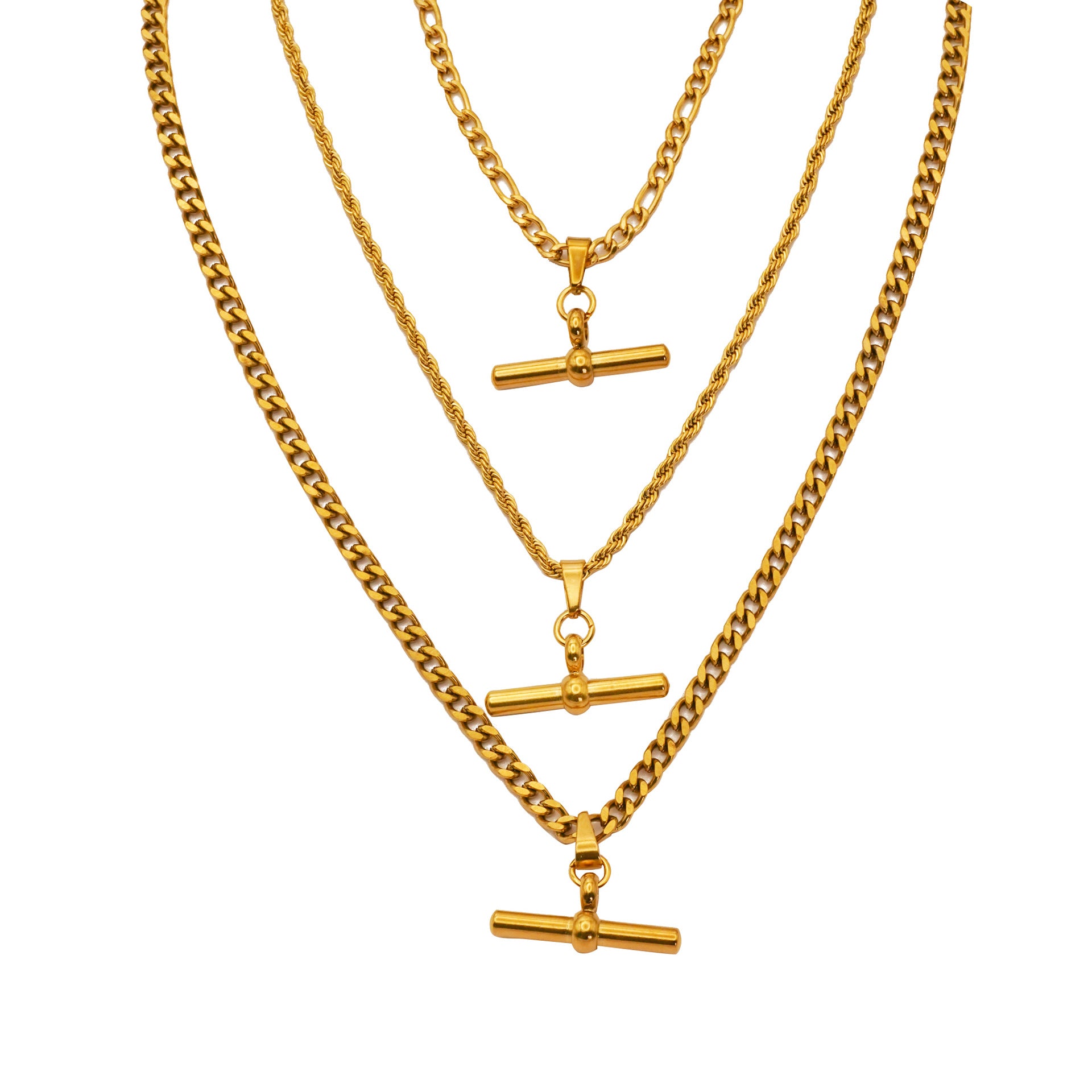 18K Gold Plated T Bar Pendant Figaro Chain Necklace for Men & Women - Elegant Watch Accessory | Perfect for Formal Events, Weddings & Gifts | JDN738