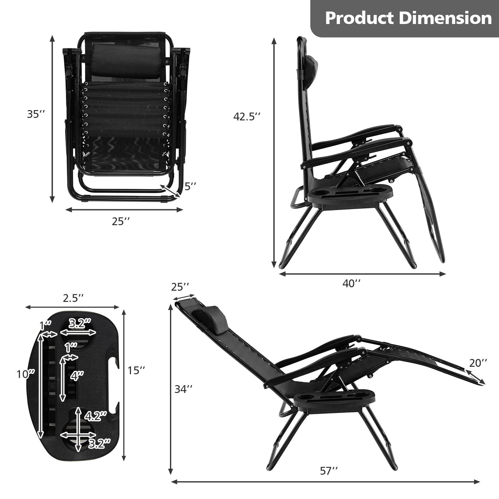 2-Pack HAPPYGRILL Zero Gravity Lounge Chairs - Adjustable Outdoor Recliners with Cup Holders for Patio, Backyard, Beach & Poolside Relaxation | Portable Folding Design for Camping, Picnics & Sunbathing